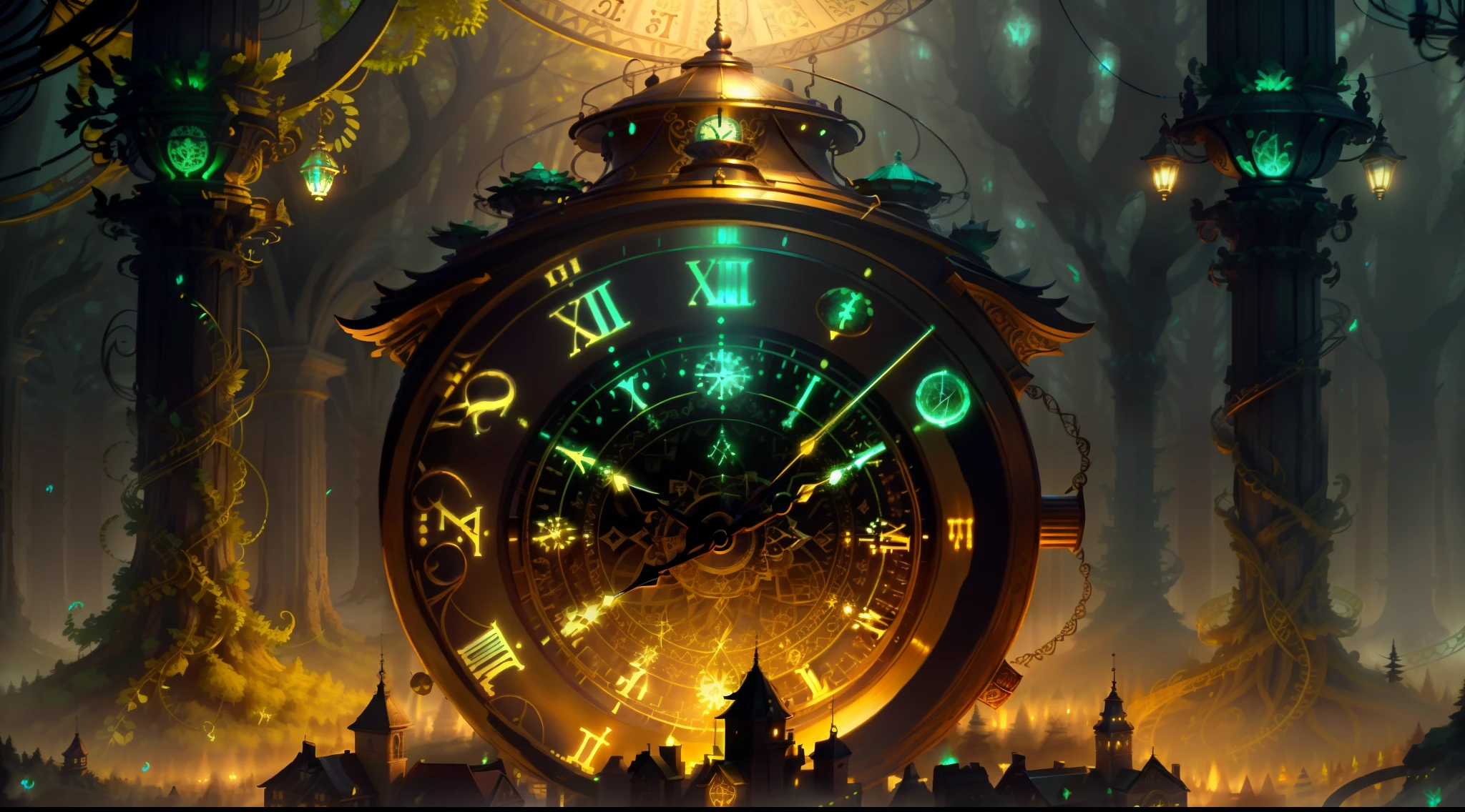 Photo of a large hand holding an antique gold watch, A mini city under the clock, Small houses under the clock, smagia-fantasia-floresta, Arte Digital, most amazing art in the world, ((Sem humanos)), light volumetric, cores suaves equilibradas, forest scenario, videiras, UHD, render de octanas 8k, Magia, Awesome, Ethereal, intrincado, design intrincado, Ultra sharp, Sombras, cores mais frias, trend in CGSociety, olhos brilhantes, ((melhor qualidade)), ((obra-prima)), (detalhado), antique clock