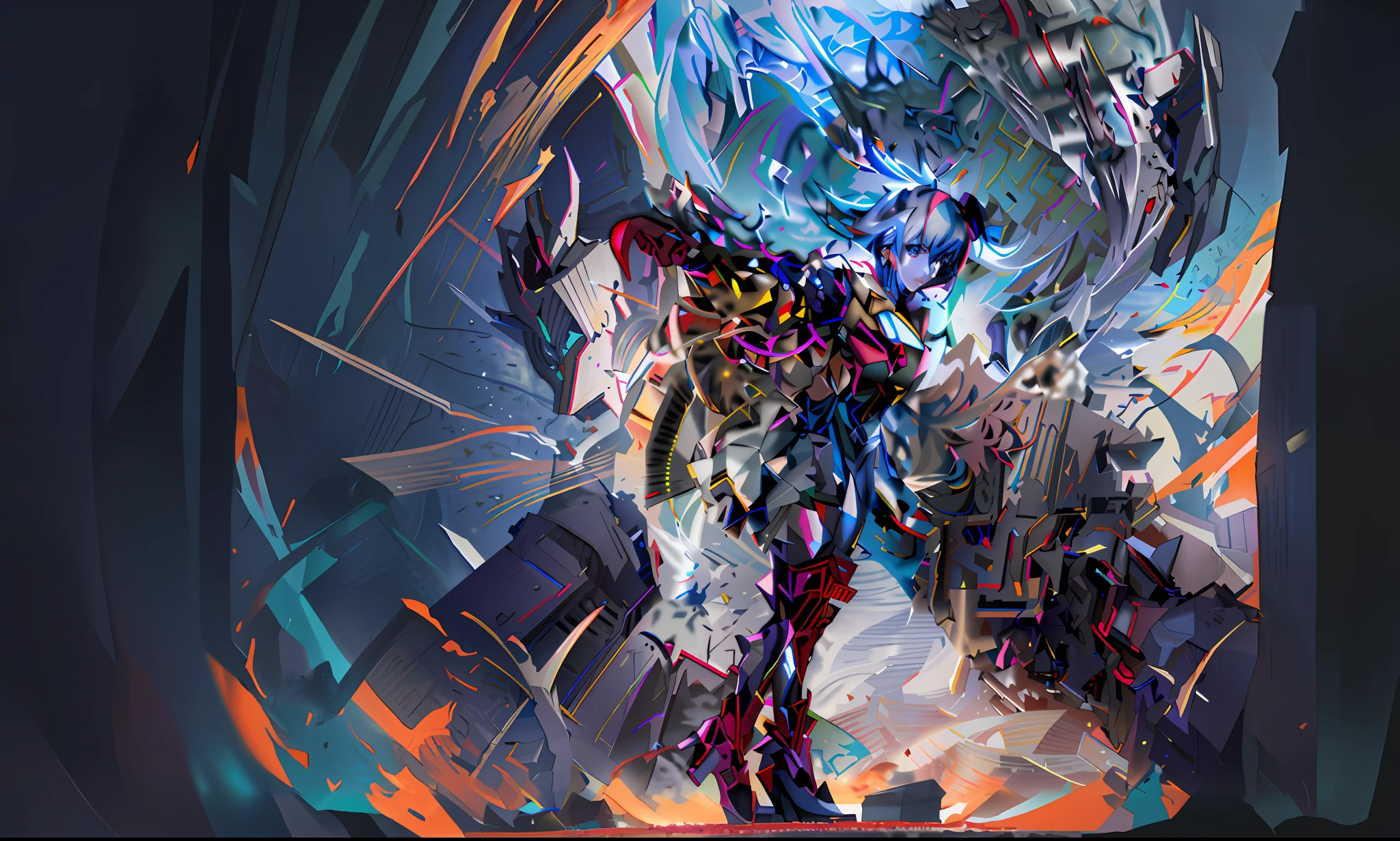 Among the ruins stood a girl, anime robotic mixed with organic, Anime epic artwork, intricate digital painting, high detailed official artwork, painterly humanoid mecha, 4k highly detailed digital art, style of ssss.gridman (2018), Detailed digital anime art, mecha art, glitched fantasy painting，Big Curve Girl，Side lens，in mecha style，red high heel pumps，Red and gold battle dress，Pale blue hair，Battlefields and ruins，Semi-mechanized，The face is flesh-colored，Extreme detail