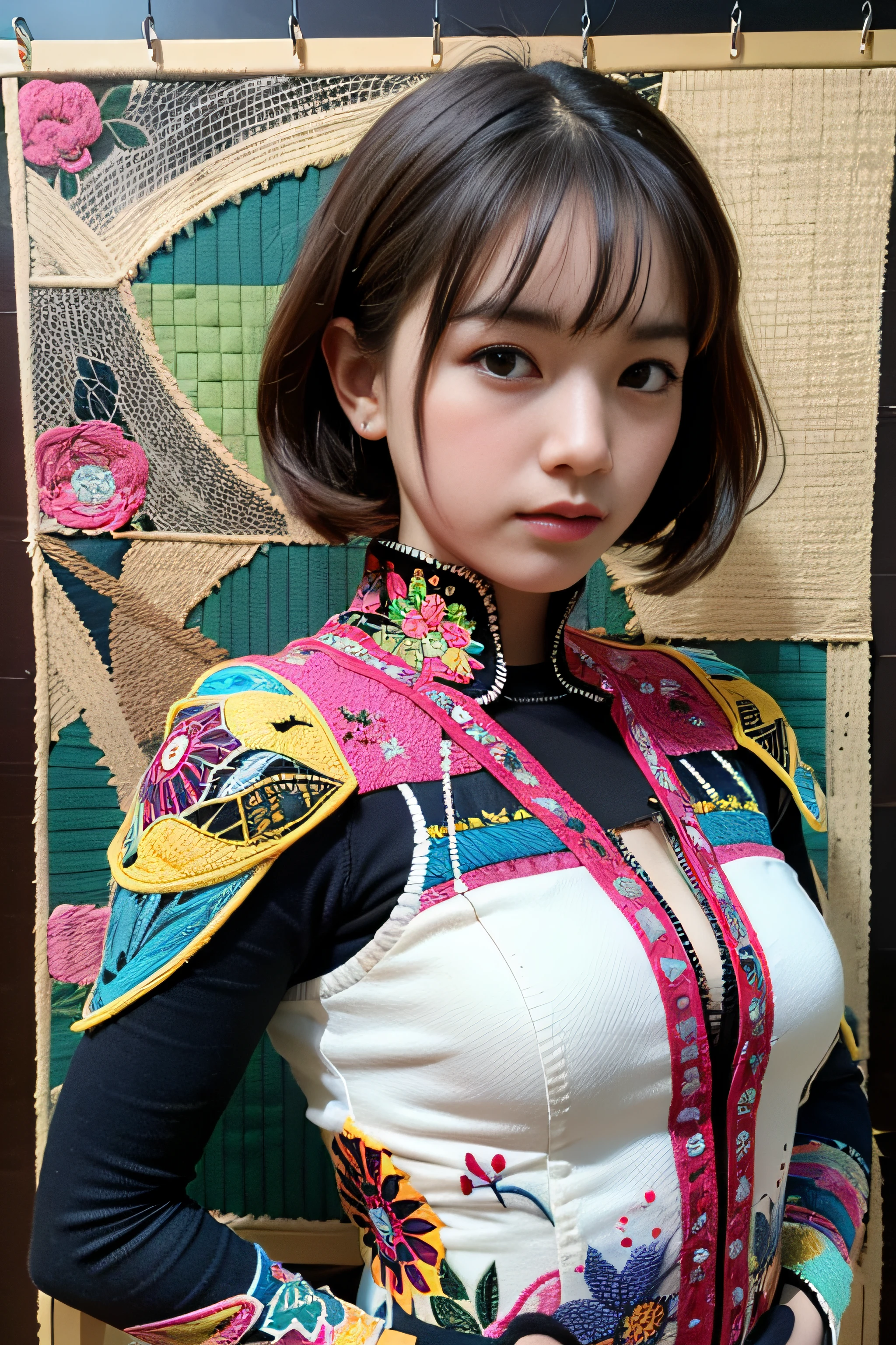 absurdres, highres, ultra detailed, (1 girl, solo:1.1), mecha, Regular, stylish pose, textile art, fiber manipulation, woven designs, fabric collage, quilting, embroidery, innovative techniques, tactile creations