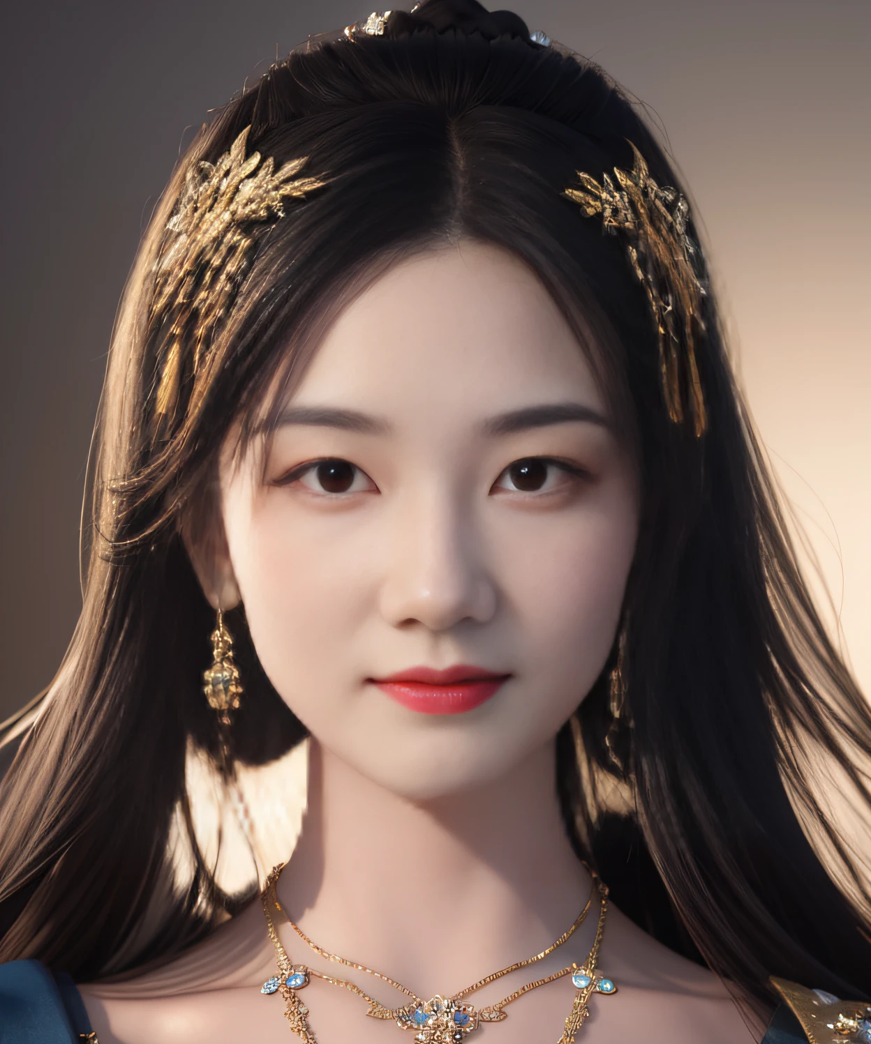 Close-up of a woman wearing a gold headdress and necklace, Rendu portrait 8k, Guviz-style artwork, a beautiful fantasy empress, Beautiful rendering of the Tang Dynasty, 3 D rendering character art 8 K, gorgeous chinese models, Inspired by Huang Ji, Soft portrait shot 8 K, Chinese girl, chengwei pan on artstation