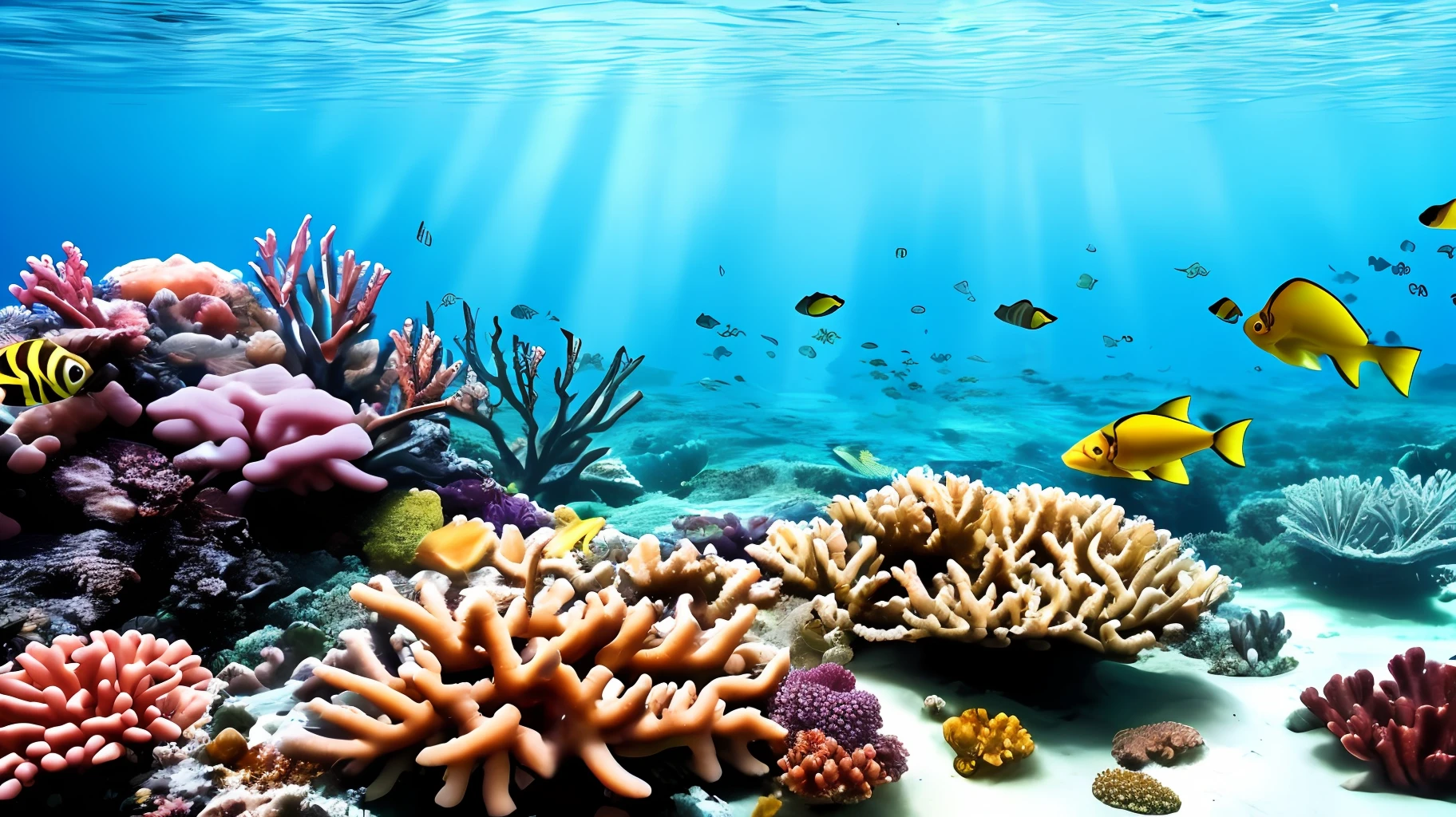 underwater world, trench, fish, coral reef, sunlight