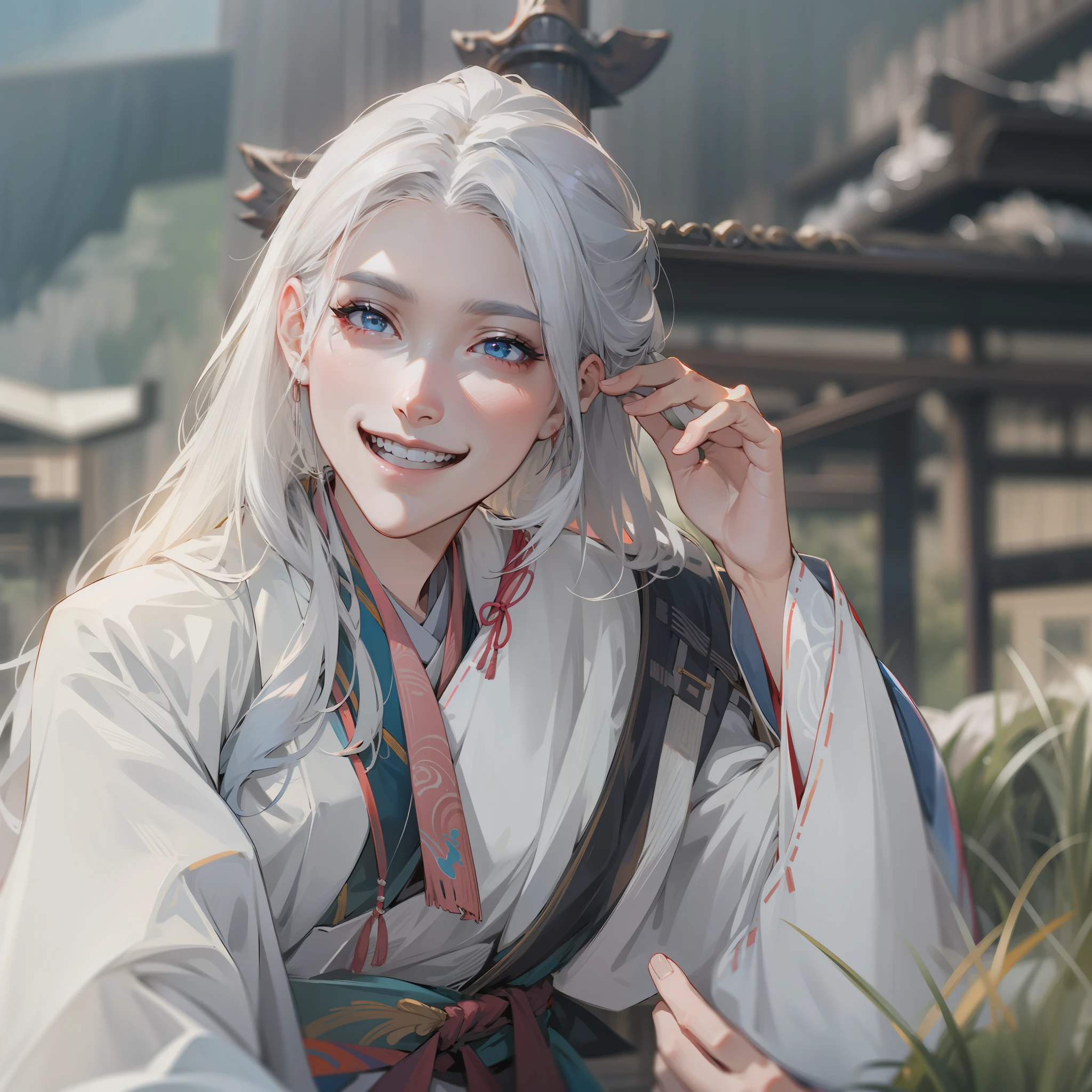 white hair, cowboy shot, masterpiece, UHD, highres, 16k,Hanfu,ssmile,