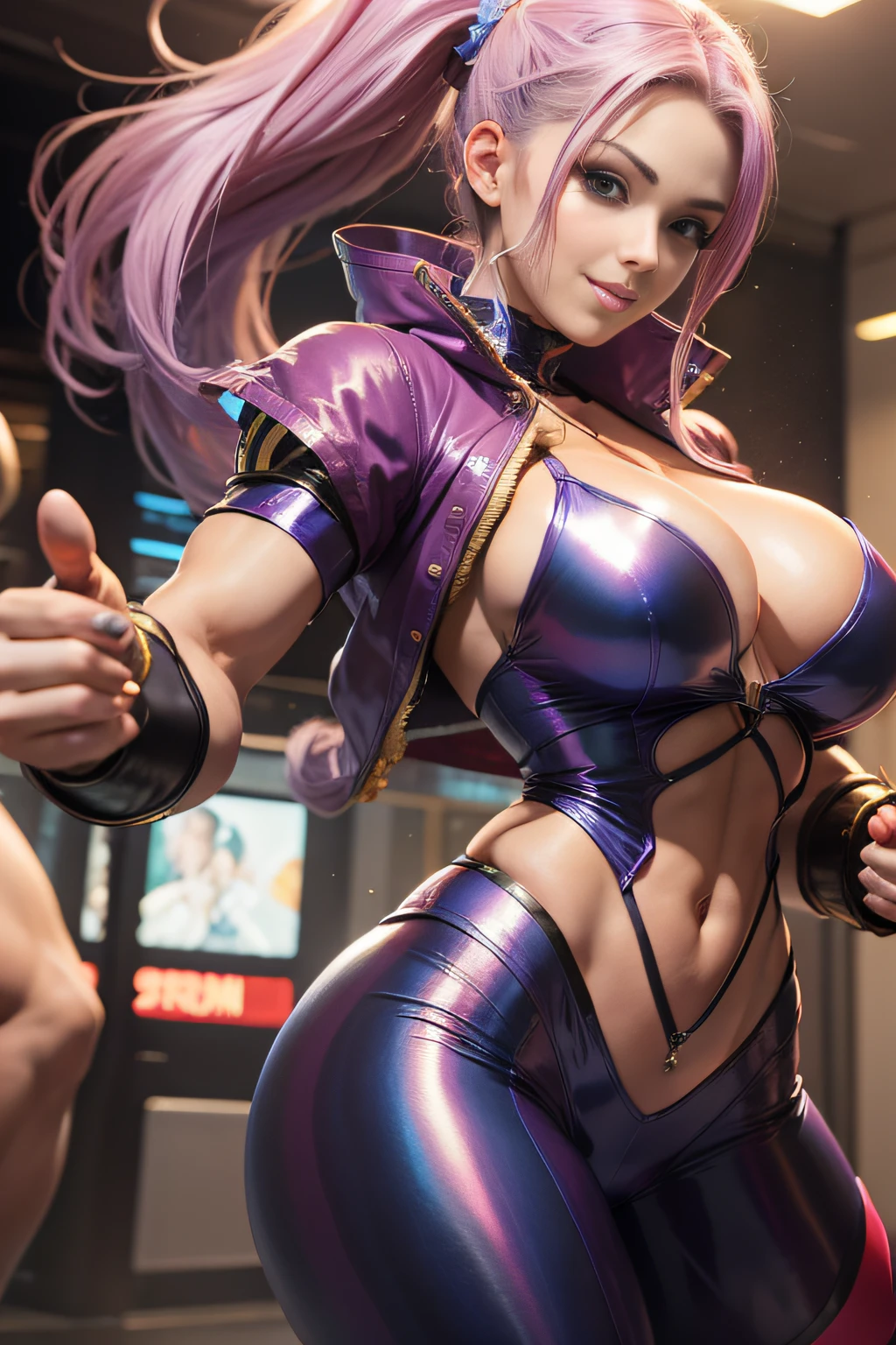 street fighter、Five Fingers、Very big big breasts、fighting poses、Chest that seems to burst、cleavage of the breast、One lady、Long legs、Fitness Model、musculature、abdominals、Powerful Pose、punch、Height 175cm、poneyTail、skin tanned、A smile、clothes shiny、full-body view、Clothes that shine in iridescent colors、publicity cosplay、full-cosplay、taken with canon 5d mk4、cosplay foto