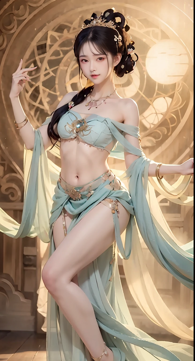 Full body photo，a  beautiful female，Delicate jade feet，messy  hair，teens girl，Symmetrical bun，hair adornments，jewelry，The face is delicate，eye shadows，Delicate cyan top，cropped shoulders，Crop topping，showing belly，Dunhuang style，Lots of streamers，Fine fine skin，Soft light effects，Delicate and smooth hair，exquisite detailing，Eye highlights，Fair skin，Fine portrayal，Ultimate detail，Cinematic quality，being thin，slenderness，Fragmentation，hair detail，Thin bangs，Shawl hair，Correct bodies，shadowing，Air bangs，8K，Super meticulous，Fine fabric texture，softness，complaisant，Smooth texture，Dunhuang style，Delicate pattern，Correct hand drawing，smile, tsurime, Surrealism, ray tracing, UHD, high details, super detail, highres, 8k, high quality, high details, textured skin, ccurate