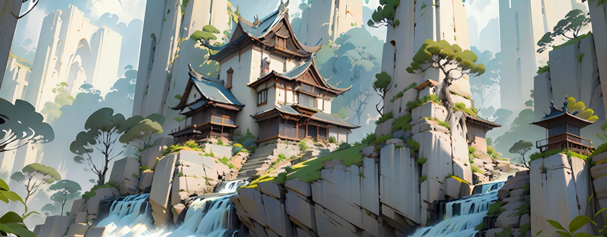 ((Equidistant 45 degree angle)),Ancient Chinese landscapes,mountain ranges,Look up,Complex of buildings on the cliff,waterfallr,tmasterpiece,super detailing,Epic composition,hyper HD,high qulity,extremely detaile,offcial art,Unity8k wallpapers,super detailing,32k -- v 6