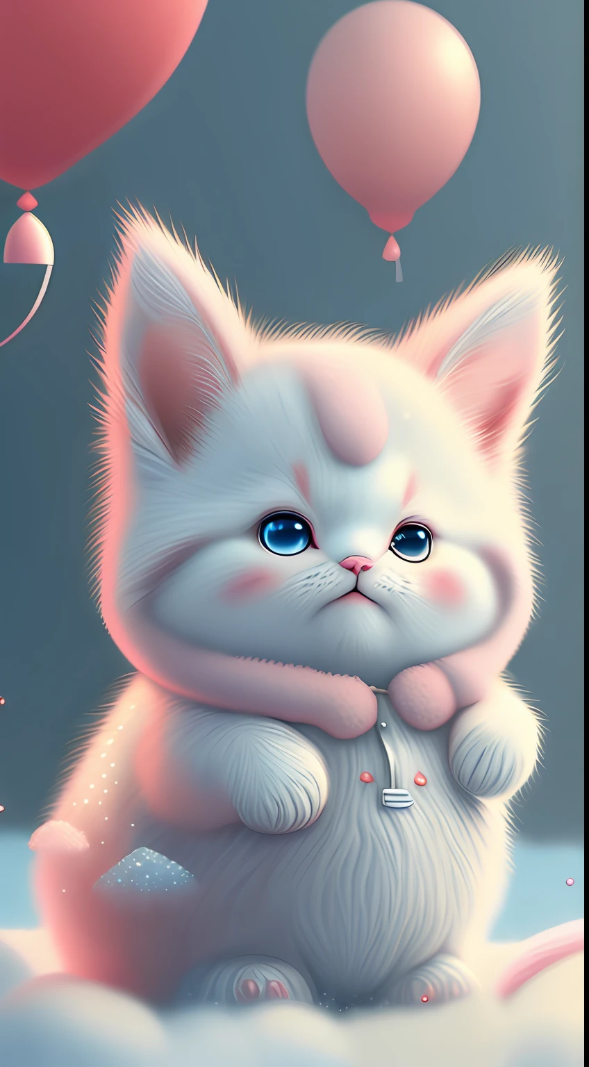 In this ultra-detailed CG art，Cute kittens surrounded by ethereal balloons，laughingly，blingbling，red colour，Best quality at best，A high resolution，Complicated details，fanciful，cute animal，Funny，Open-mouthed！！！，laughingly！！