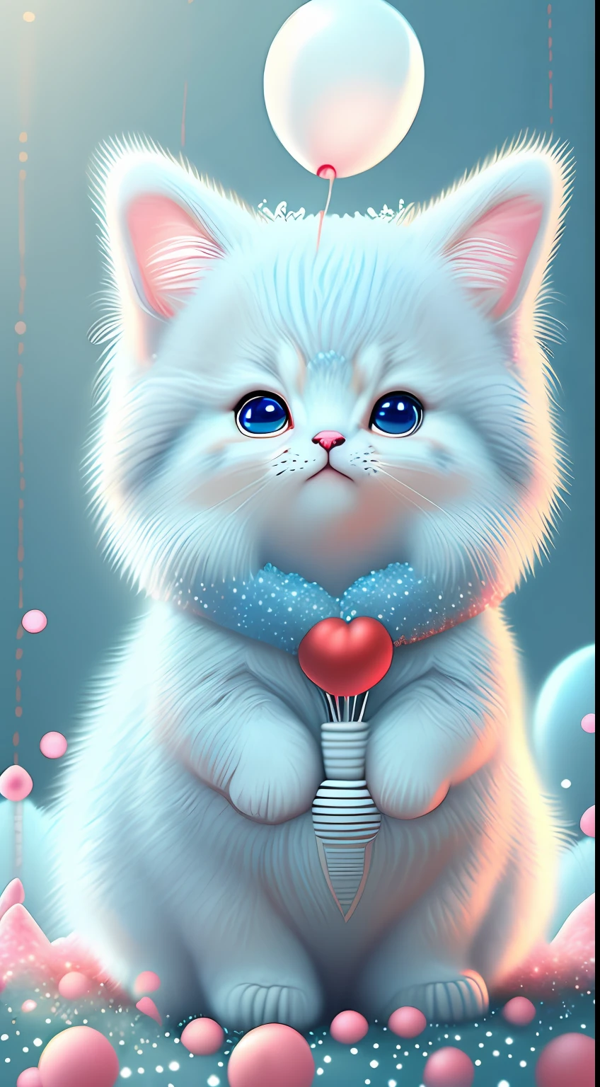 In this ultra-detailed CG art,Cute kittens surrounded by ethereal balloons,laughingly,blingbling,red colour,Best quality at best,A high resolution,Complicated details,fanciful,cute animal,Funny,Open-mouthed!!!,laughingly!!