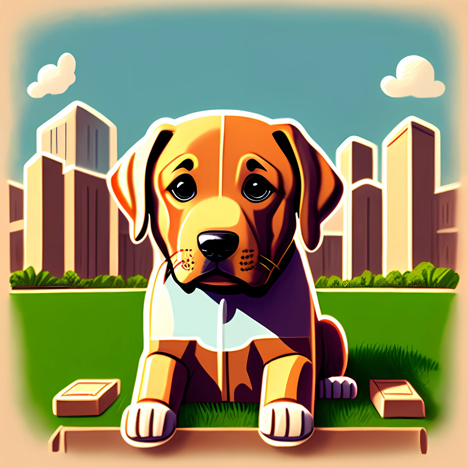 labrador dog, cartoon, drawing, sitting in a square, head with bright eyes, looking forward. --auto