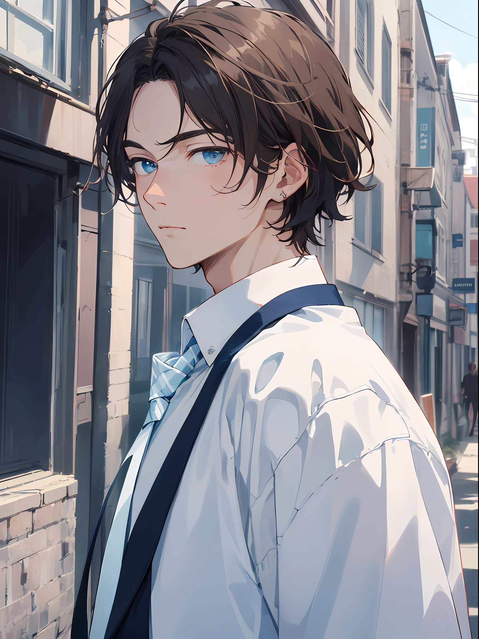 30 years old men,adult-like、tall、 Cool Mousse Brown Hair, White skin, Blue eyes, ((Navy blue shirt and white tie))、 A little condescending eyes、Empty back alleys of extremely high quality, High image quality, Extremely delicate drawing.