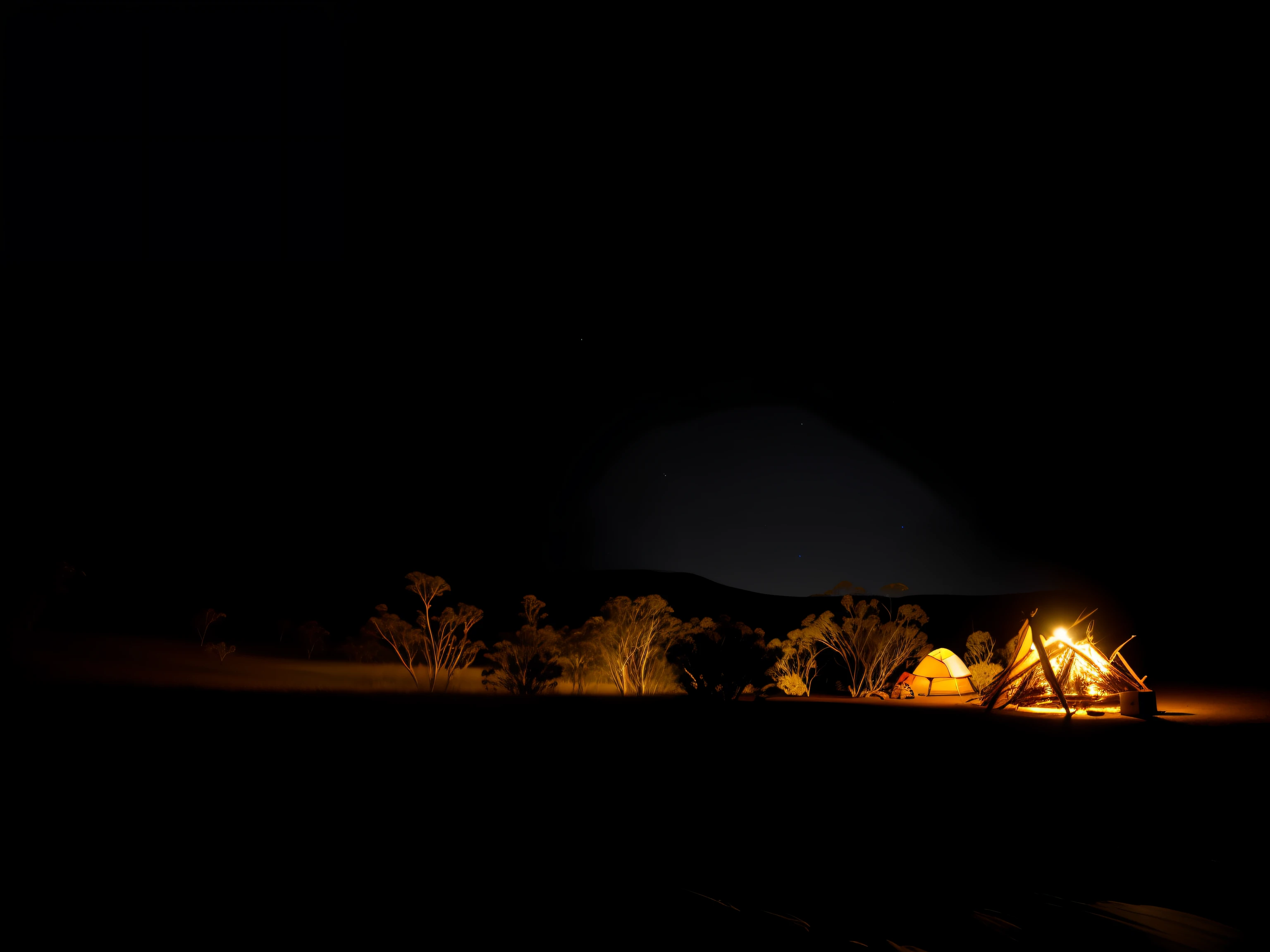 Night view of a campfire with a bright light shining in the trees, escuro e estrelas no fundo, panoramic view at night, estrelas ao longe, Outback australiano noturno, fotografia noturna, luzes na noite, Lights in the distance, at night with lights, night with starry sky, Primeiro plano noturno, with glowing lights at night, night sky photography --auto