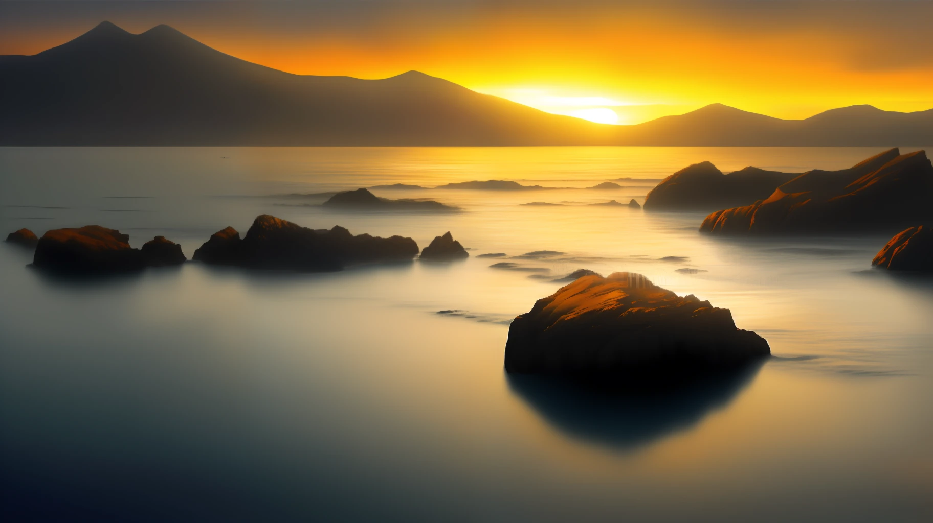 Artistic style, sun set betweens two mountain in to the sea, sun reflect in sea, night and day,  ((masterpiece)), (((best quality))), ((ultra detail)), ((illustration)), ((realistic)), (reflections), sharp focus, front lighting, intense shadows,
