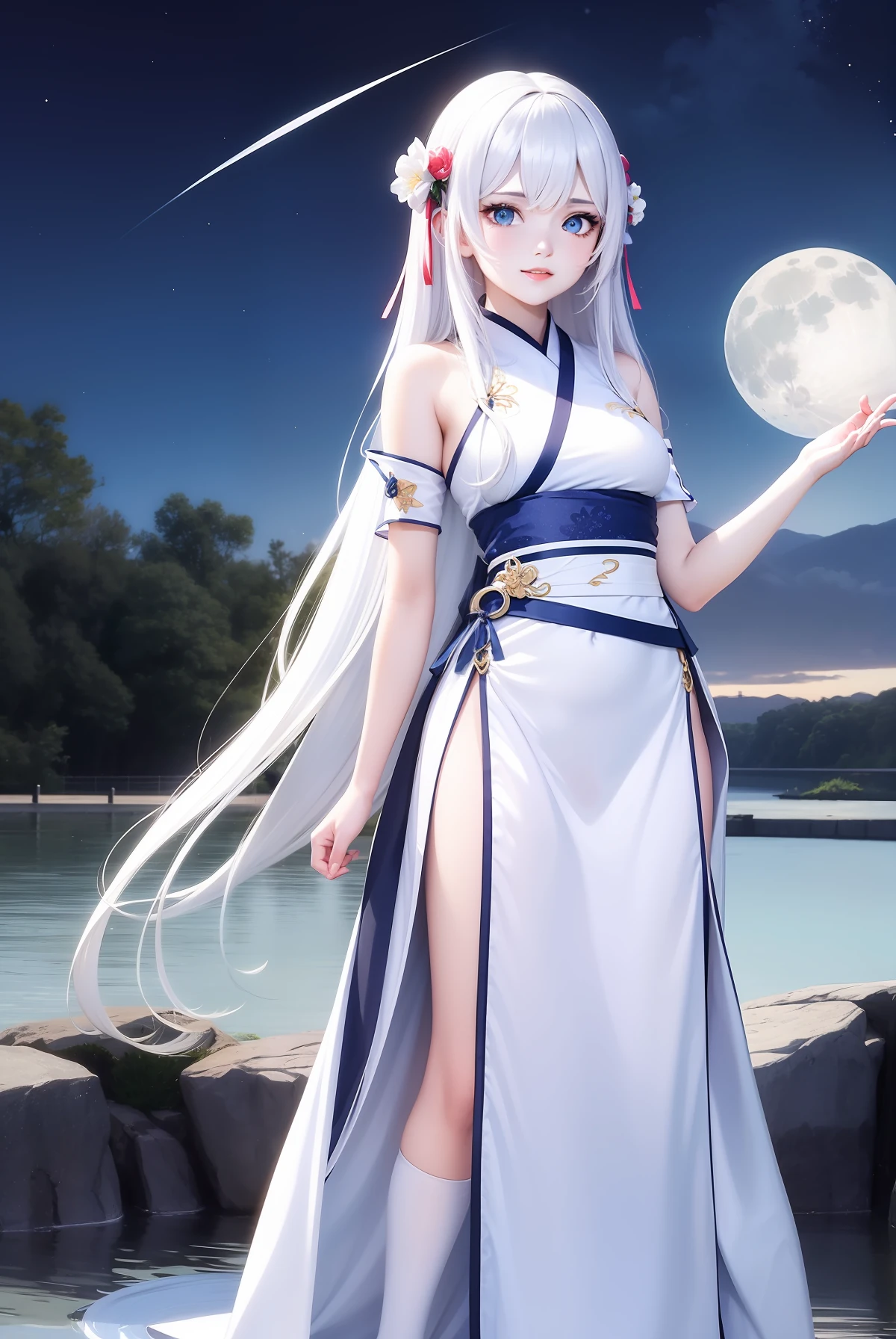 A girl with long white hair，blue color eyes，dressed white hanfu，Looking at the full moon in the sky next to the river