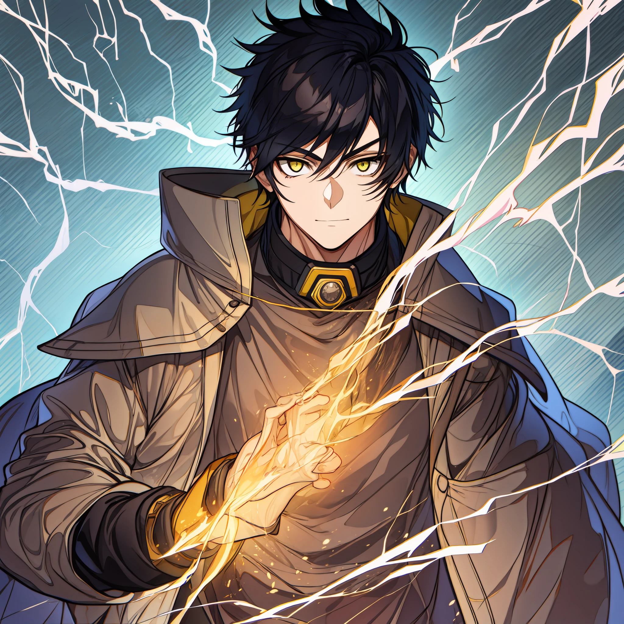 Older teenage male with black hair and yellow eyes, electricity powers