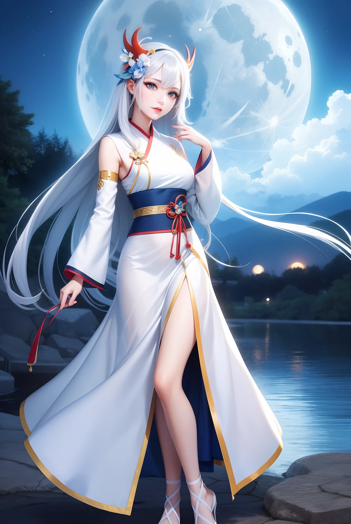 A girl with long white hair，blue color eyes，dressed white hanfu，Looking at the full moon in the sky next to the river