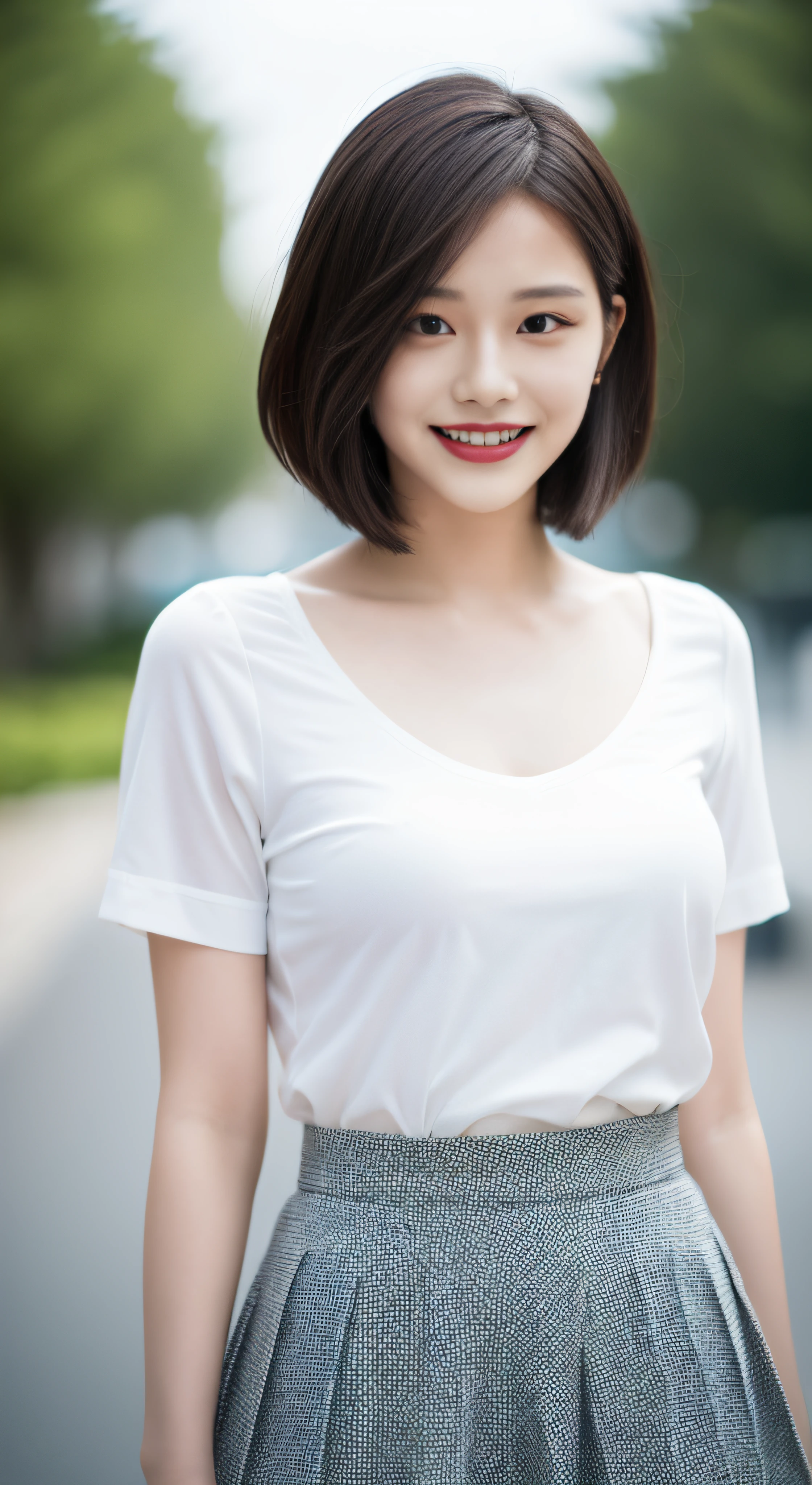 Highly detailed 8K wallpapers),Clear focus,A detailed,dramatics,delicate beautiful schoolgirl,Amazing,prette,Sheer white lining,Dark blue pleated miniskirt,light brown short hair,Raised sexy,ssmile,blur backgroun,Beautiful graphics,showing whole body,short detailed hair,shyexpression