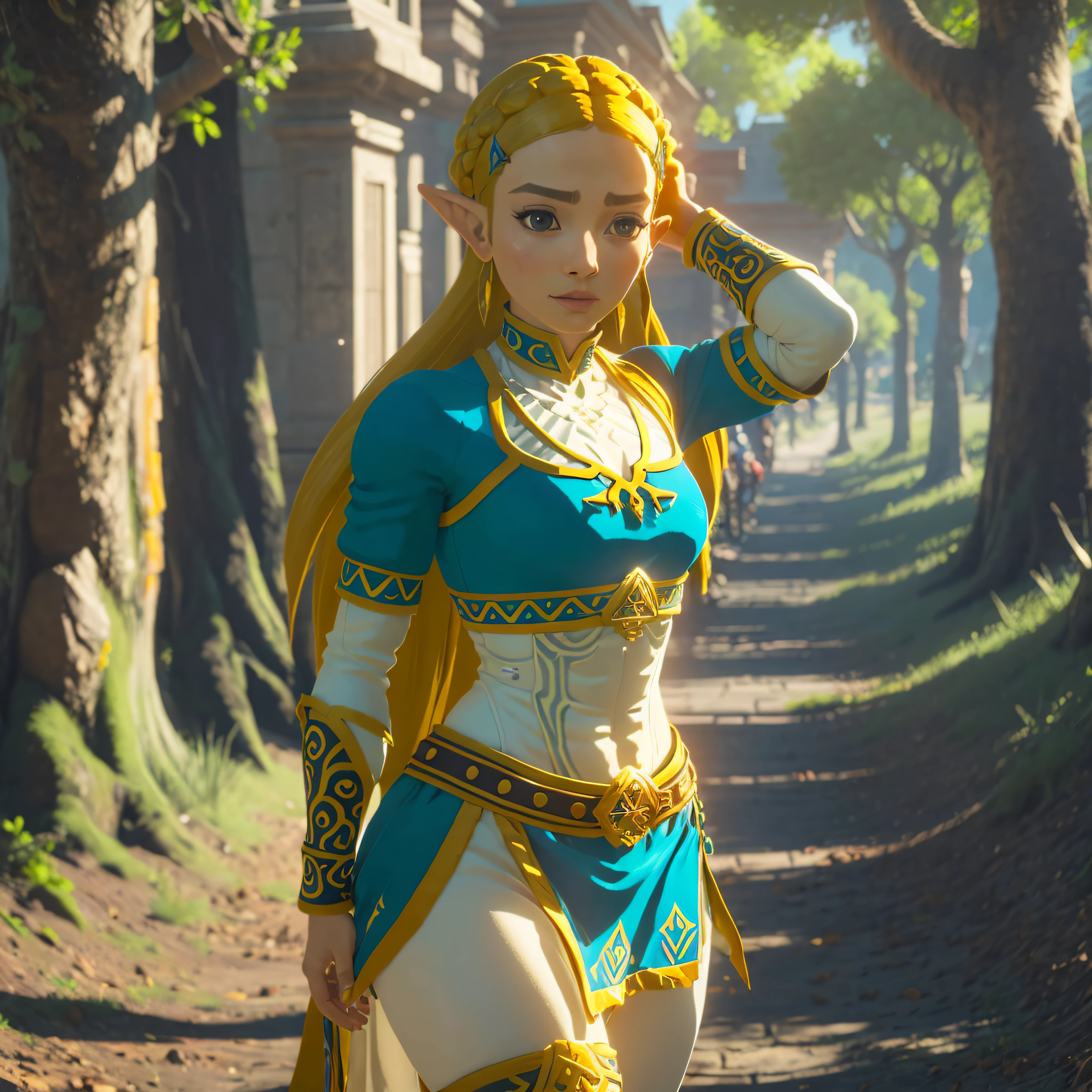 Link de the legend of zelda em roupa azul e bege segurando em poses de combate como em street fighter, Zelda, Retrato de Zelda, de lenda de Zelda, Link da lenda de Zelda, link do Zelda, Fotos cosplay, Cosplay ornamentado, Cosplay profissional, Cosplay, Cosplay Completo, Artgerm Moody Fotografia, campos de Hyrule, ray-traced, 3d-render, extremanente detalhado, alta qualidade, Luz e sombra realistas, cabelos loiros, eye reflection, Sorriso leve, ray tracing, ray tracing, High detail, realismo, hiper-realismo, profundidade de campo, cinematic lighting, desfoque de movimento, brilho, luz brilhante, raios de deus, ray tracing, reflection light, Afterimage, multiple views, Reflexo da lente, Bokeh, 4k, UHD, Masterpiece, anatomicamente correto, pele texturizada, Super Detalhe, alta qualidade, best quality, 8k