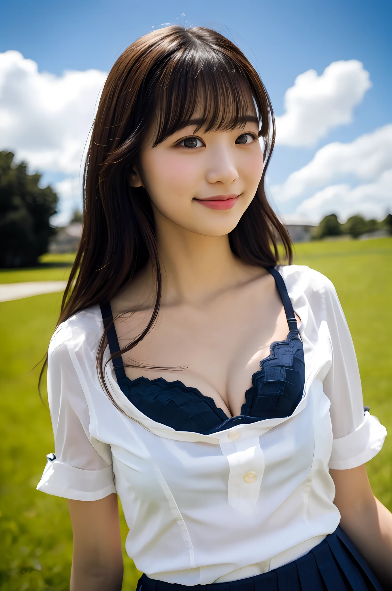 4K, LDR, best quality, masterpiece, high detail, super high resolution, digital photography, bangs, film lighting, (Fujifilm color:1.2) portrait, wide angle view, professional, (photography: 1.2), (dynamic pose: 1.1), (close up), 1 girl, solo, slightly smiling, delicate face, medium breasts, wide hips, classic wavy long hair, (FSB:1.4), (Frosuke: 1.4), white shirt, ((BREAK black bra)),bow, navy blue pleated skirt, school uniform, school bag, short sleeves, bangs, outdoor, sky, collared shirt, collarbone, blurred background, look to the side, sky, dress shirt, blue sky, clouds