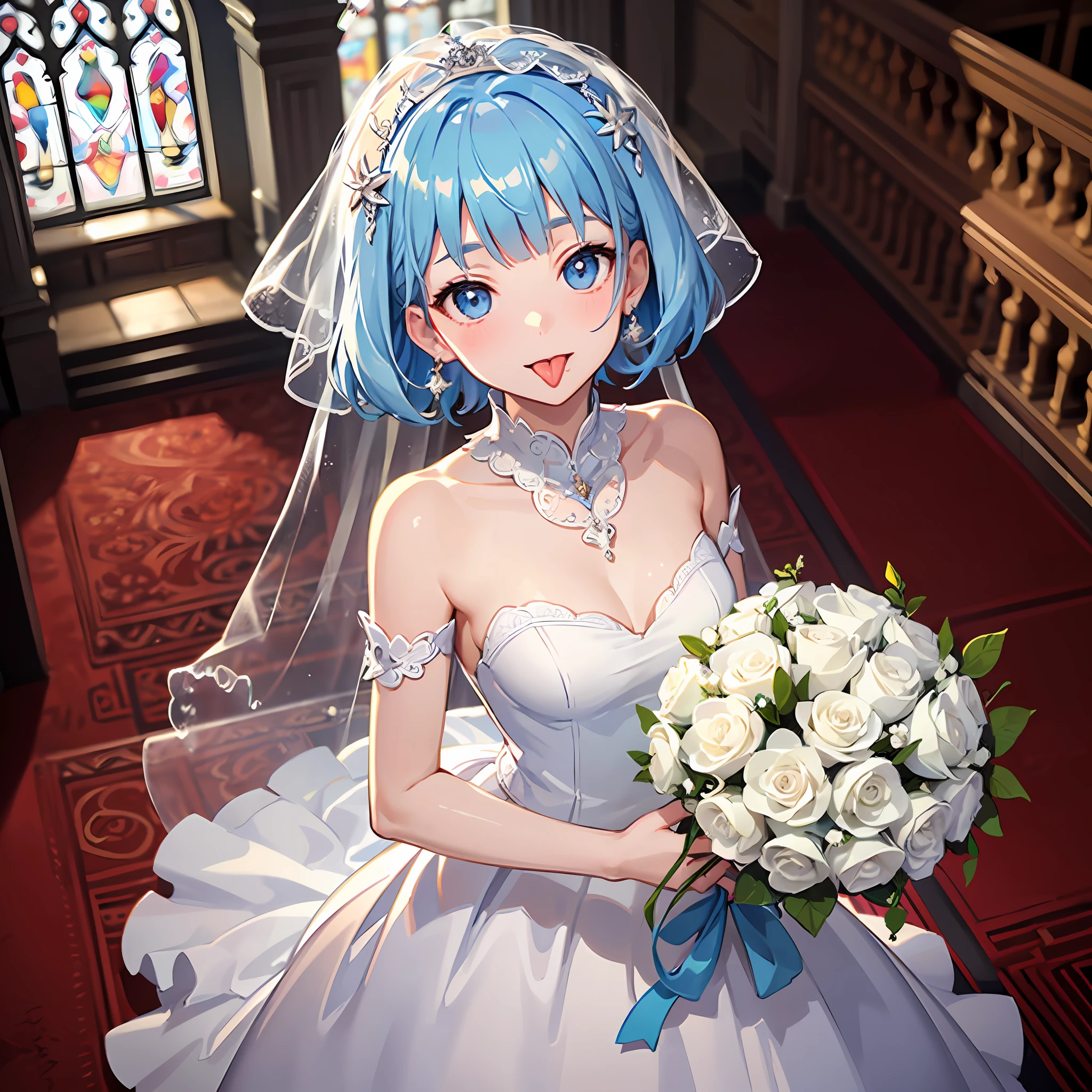 (masterpiece:1.3), (best quality:1.3), high resolution,
from above, upper body,
head tilt, holding, Body facing forward,
(one cute girl:1.3), solo,
white skin, small Breast, eight-headed person,
light blue hair, (bobbed hair:1.2), short hair, (blunt bangs:1.2), beautiful hair, beautiful detailed eyes,
(tongue out:1.3), heart, cheerful smile,
(wedding dress:1.2), (bouquet:1.1), earrings,
indoors, church,
shadowlighting,