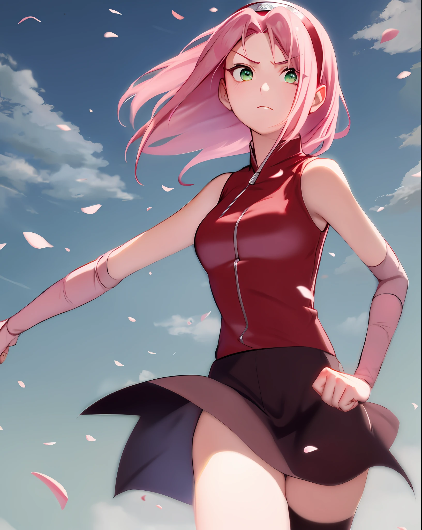 haruno sakura, naruto \(series\), naruto shippuuden, anime art style, masterpiece, 

looking at viewer, upper body, 

fighting pose, clenched hands, closed hands, contracted fingers, arm stretched out, raised fist, about to punch, detailed fist,  focus fist,

red shirt, shirt, short hair, sleeveless, sleeveless shirt, forehead protector, hairband, konohagakure symbol on hairband, 

1girl, solo, bangs, breasts, closed mouth, elbow sleeve, eyes visible through hair, floating hair, foreshortening, green eyes, hair intakes, parted bangs, pink hair, small breasts, v-shaped eyebrows, detailed background, outdoor, cherry blossoms, sky, cloud, wind, day, sunlight,