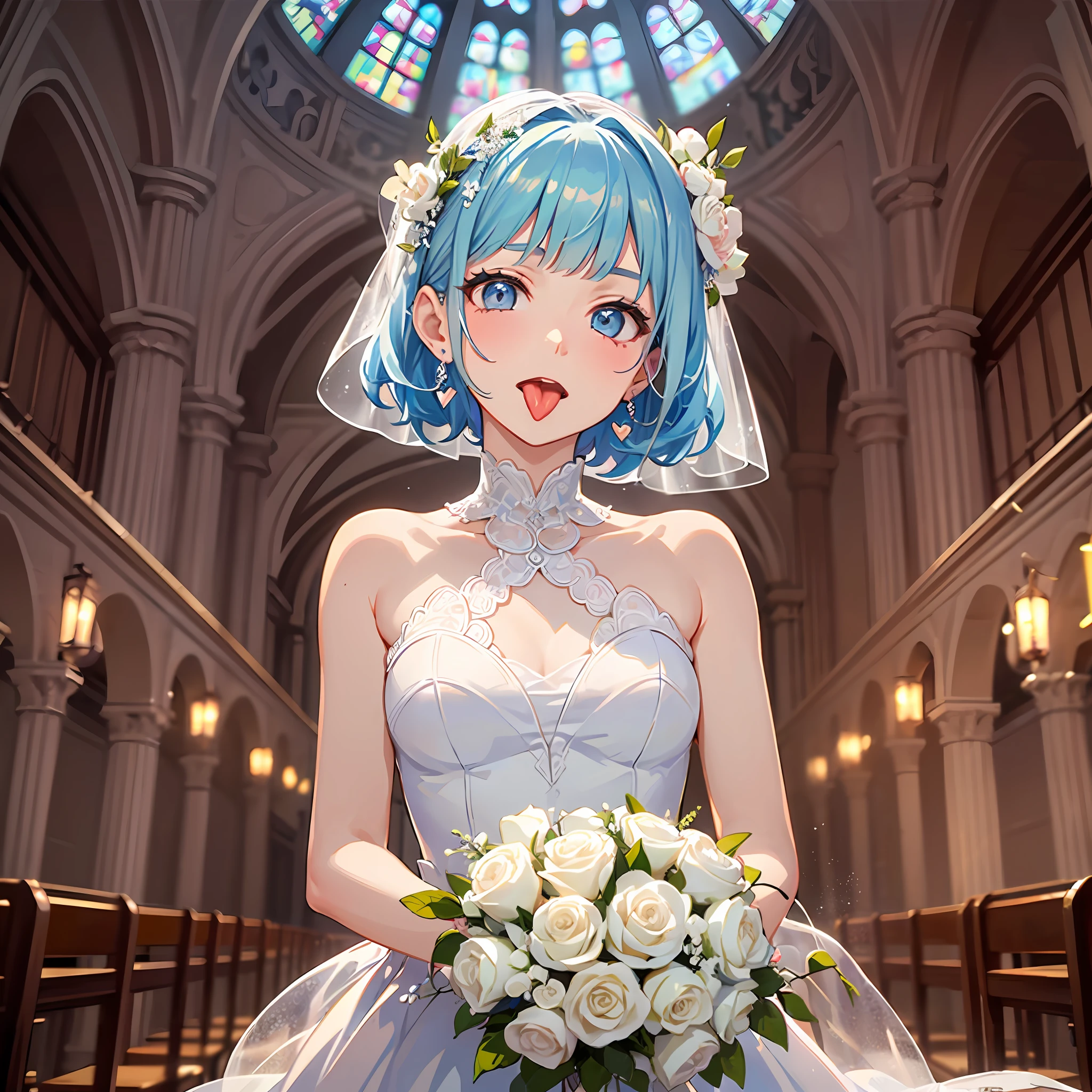 (masterpiece:1.3), (best quality:1.3), high resolution, 


look up to, upper body, 
head tilt, holding, Body facing forward, 

(one cute girl:1.3), solo, 
white skin, small Breast, eight-headed person, 
light blue hair, (bobbed hair:1.2), short hair, (blunt bangs:1.2), beautiful hair, beautiful detailed eyes, 

(tongue out:1.3), heart, cheerful smile, 

(wedding dress:1.2), (bouquet:1.1), earrings, 

indoors, church, 

shadowlighting,