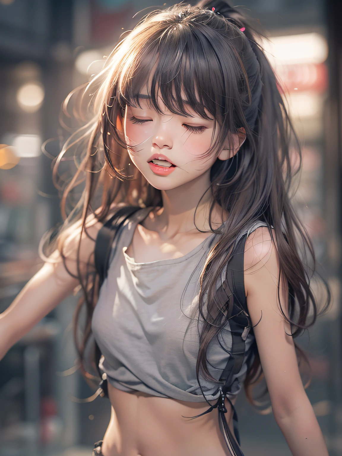 Close eyes):2.0, (Open mouth):1.5 Real numbers、8yk、Raw photo、(masuter piece)、(top-quality)、Hi-Res、（（Looking Up)）(girl with)、(realisitic、Photorealsitic:1.2), Upper body、Ponytail,Sleeveless、skinny、14years、small tits、Eyes closed、Deep sadness、Sorrow、look up sky、Open mouth、screeming、Bedrooms、Background blur
