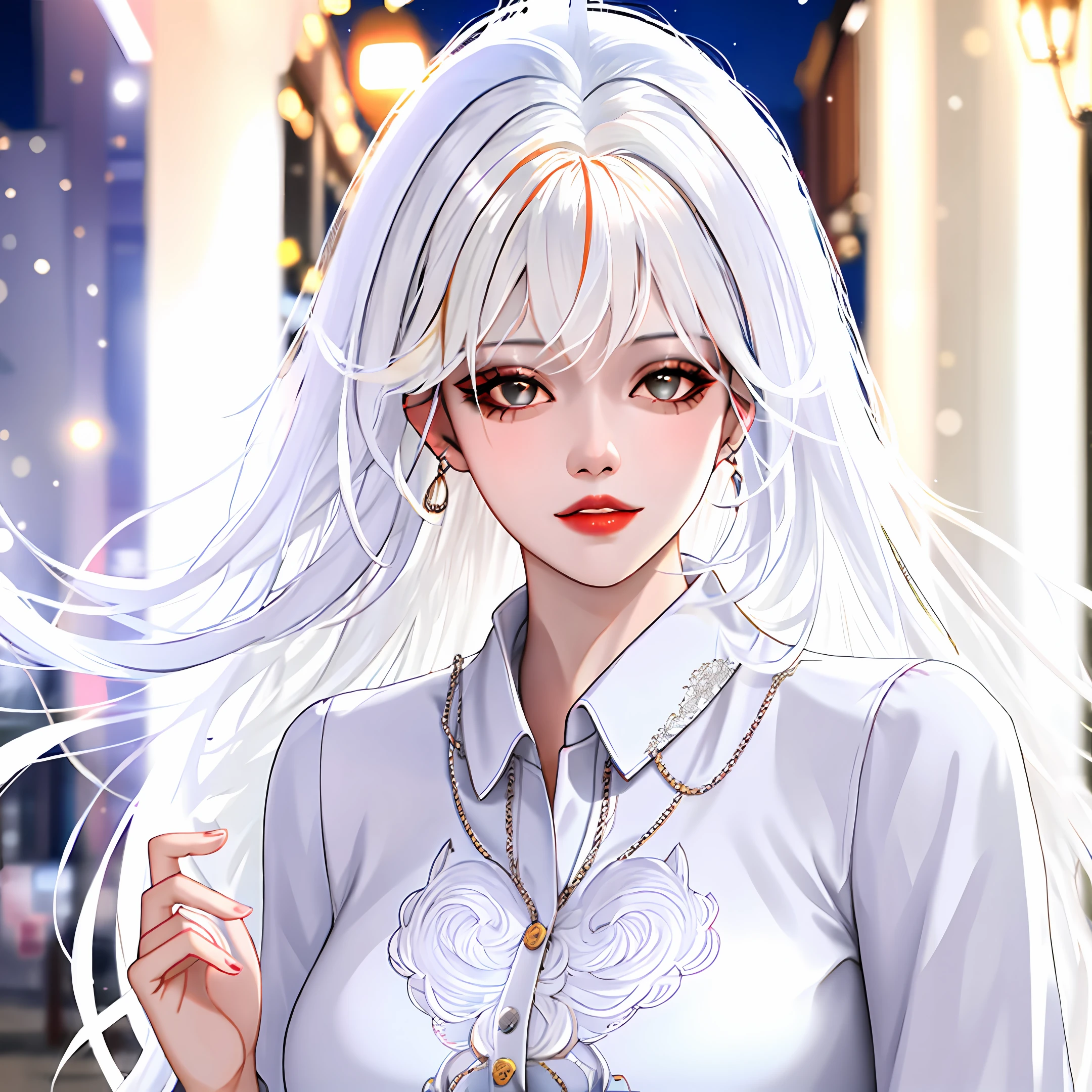 best quality, photorealistic, 8k, high res, 1girl, woman,(skindentation), (large breast), (professional lighting, bokeh), (street), (people, crowds:0.6), market, (night:1.2),(white hair:2.0), (blouse:1.5), (portait:0.6), gorgeous, bloom, (floating hair),(light particles, lens flare, glowing particles:0.6), (dynamic pose:1.2), soft lighting,