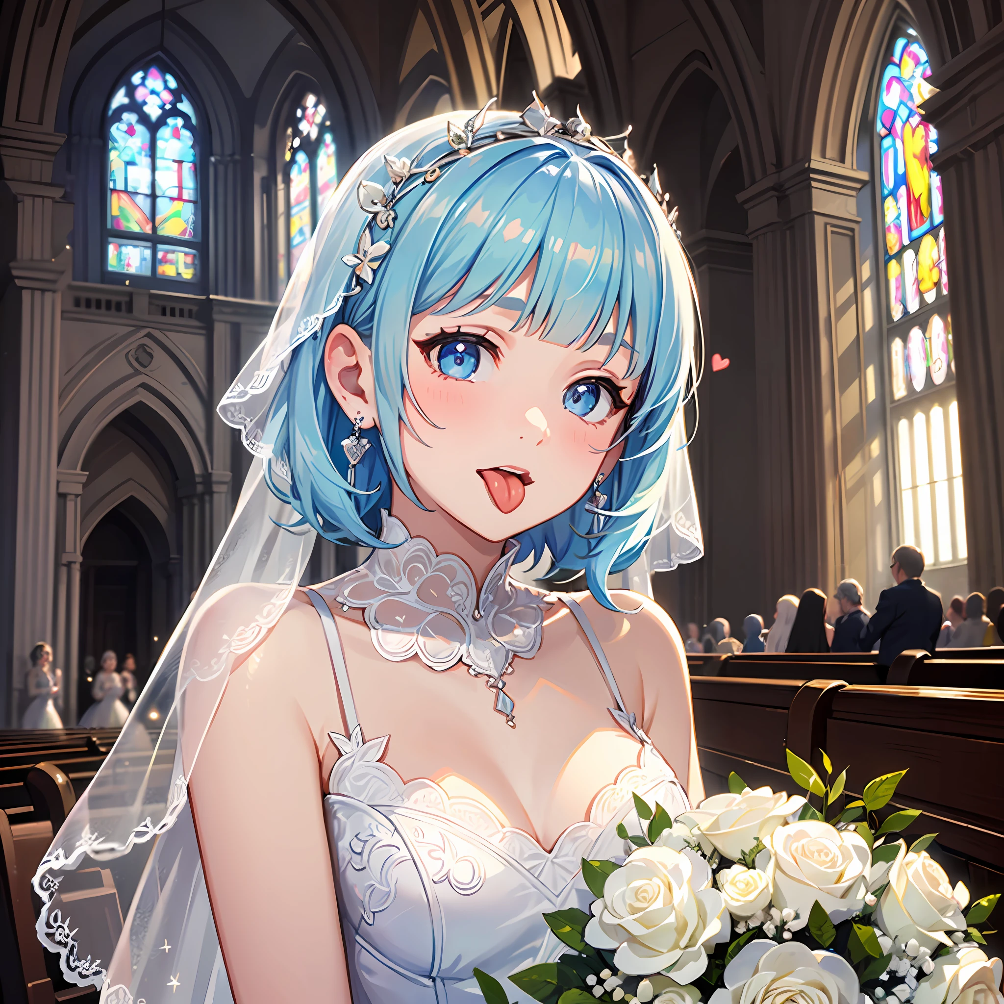 (masterpiece:1.3), (best quality:1.3), high resolution,
look up to, upper body,
head tilt, holding, Body facing forward,
(one cute girl:1.3), solo,
white skin, small Breast, eight-headed person,
light blue hair, (bobbed hair:1.2), short hair, (blunt bangs:1.2), beautiful hair, beautiful detailed eyes,
(tongue out:1.3), heart, cheerful smile,
(wedding dress:1.2), (bouquet:1.1), earrings,
indoors, church,
shadowlighting,