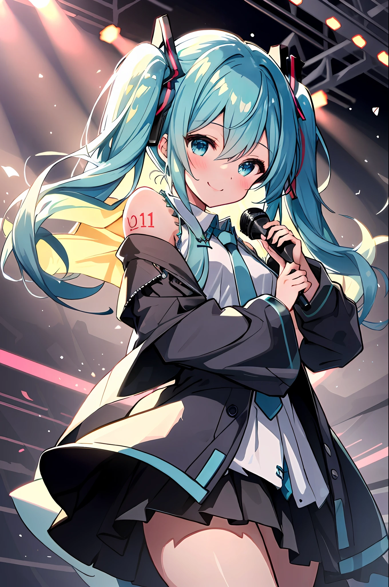 masterpiece, best quality, ultra-detailed, illustration, an extremely delicate and beautiful,
1girl, solo, light smile,
Hatsune Miku,twintails,live stage, Particles of Light,