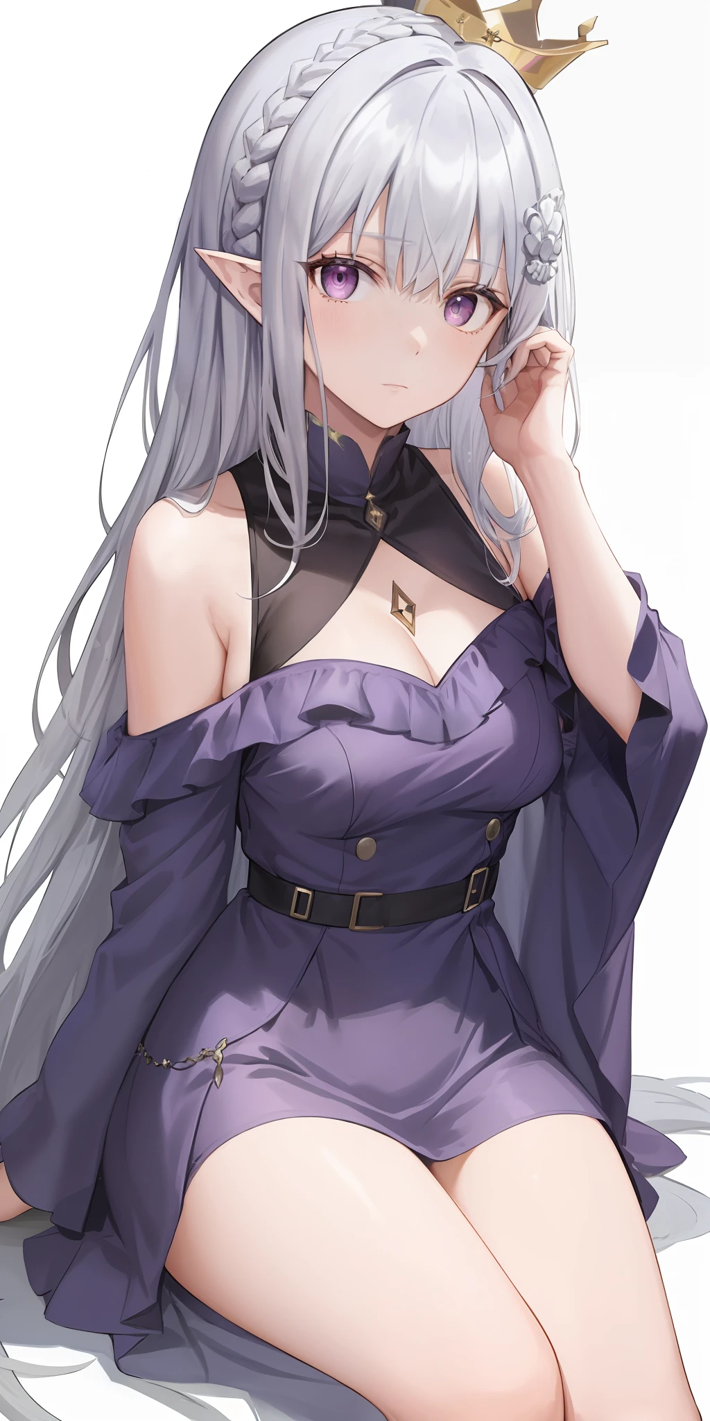 Best quality at best，highly  detailed，tmasterpiece，ultra - detailed，（fidelity：1.2），1个Giant Breast Girl，（white backgrounid），simple backgound，Elaborate Eyes，Silvery hair，a purple eye，hair_ornament，（white offshoulder shirt：1.3），Long hair，pointy ears，crown braid，face expressionless，hair straight，（++Sit Pose：1.2）