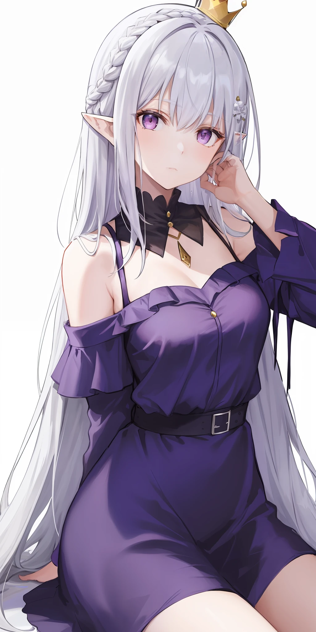 Best quality at best，highly  detailed，tmasterpiece，ultra - detailed，（fidelity：1.2），1个Giant Breast Girl，（white backgrounid），simple backgound，Elaborate Eyes，Silvery hair，a purple eye，hair_ornament，（white offshoulder shirt：1.3），Long hair，pointy ears，crown braid，face expressionless，hair straight，（++Sit Pose：1.2）