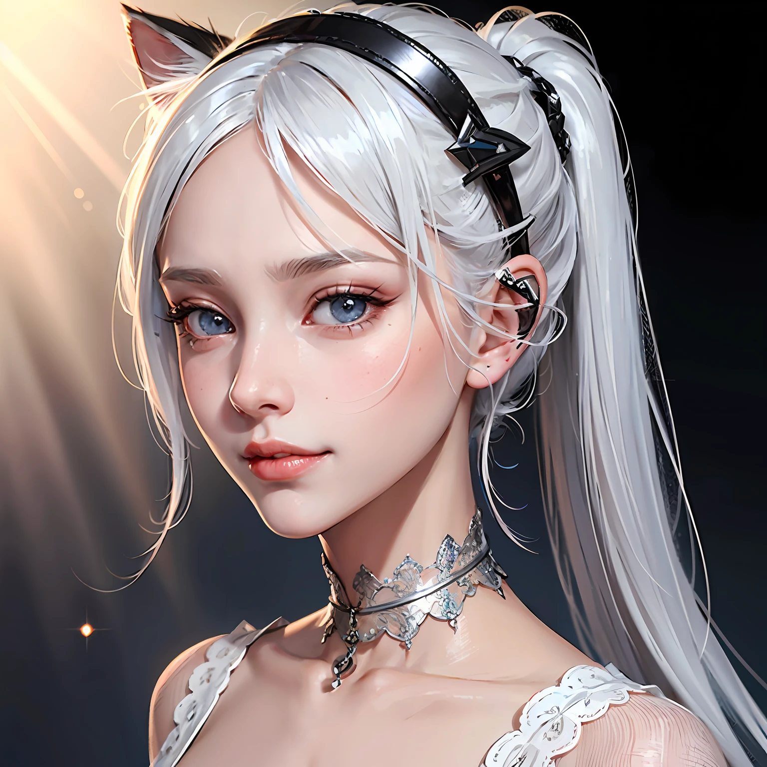 silver hair, braided ponytail, short ponytail, sidelocks, parted bangs, expressive hair, hair strand, widow's peak, hairclip, mouth veil, headphones, lolita hairband, mole under eye, heart-shaped pupils, heterochromia, longeyelashes, cat ears, smile, expressionless, happy, light blush, fang out, anime, depth of field, sparkle, ray tracing, god rays, stereogram, character chart, zoom layer, projected inset, close-up, wide shot, UHD, textured skin --auto