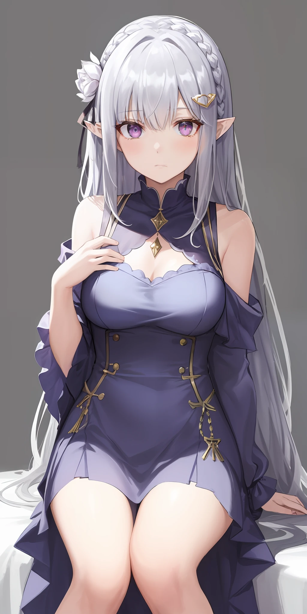 Best quality at best，highly  detailed，tmasterpiece，ultra - detailed，（fidelity：1.2），1个Giant Breast Girl，（white backgrounid），simple backgound，Elaborate Eyes，Silvery hair，a purple eye，hair_ornament，（white offshoulder shirt：1.3），Long hair，pointy ears，crown braid，face expressionless，hair straight，（++Sit Pose：1.2）