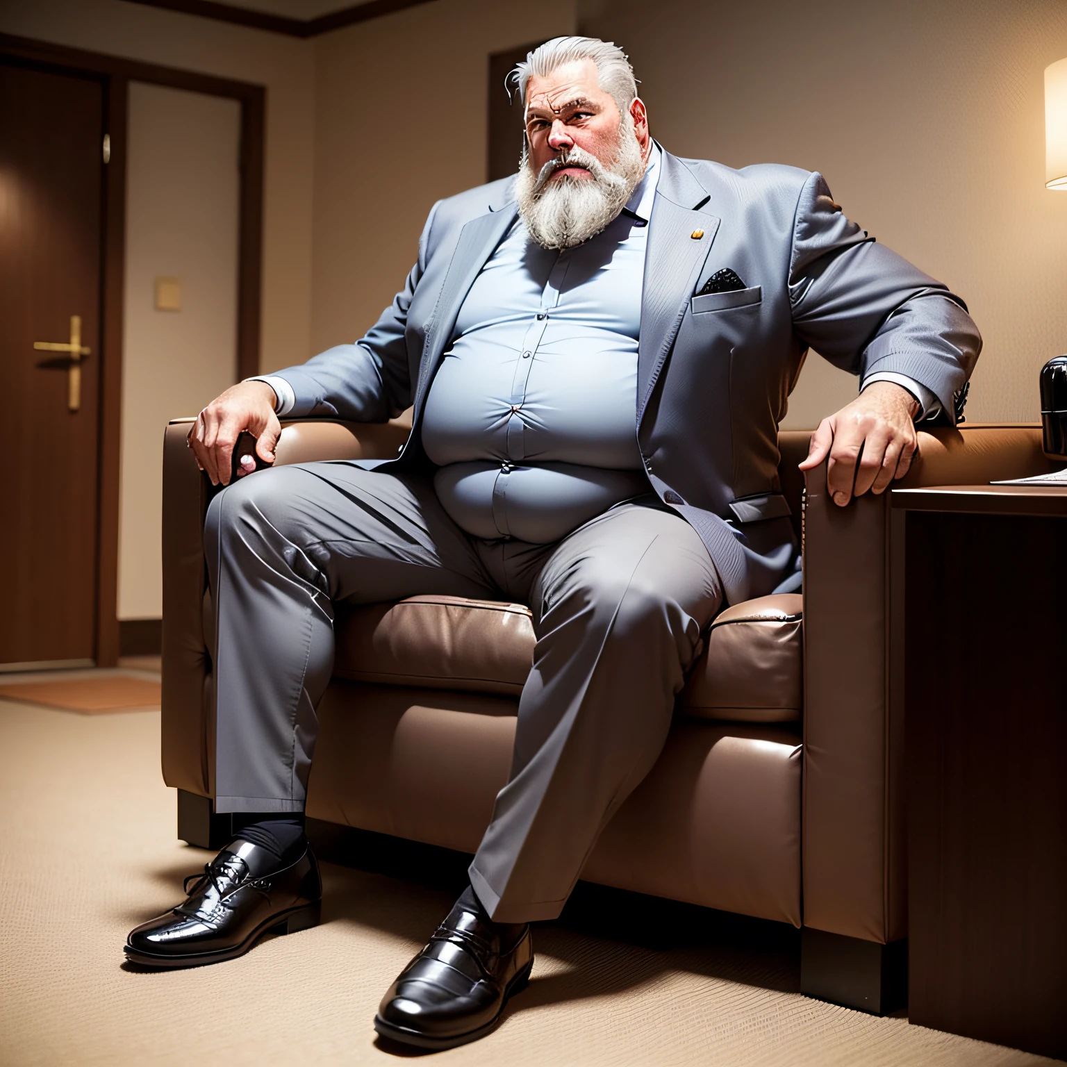 50-year-old fat uncle, slightly white beard, gray hair with sideburns, suit trousers, leather shoes Sitting in the hotel for massage --auto