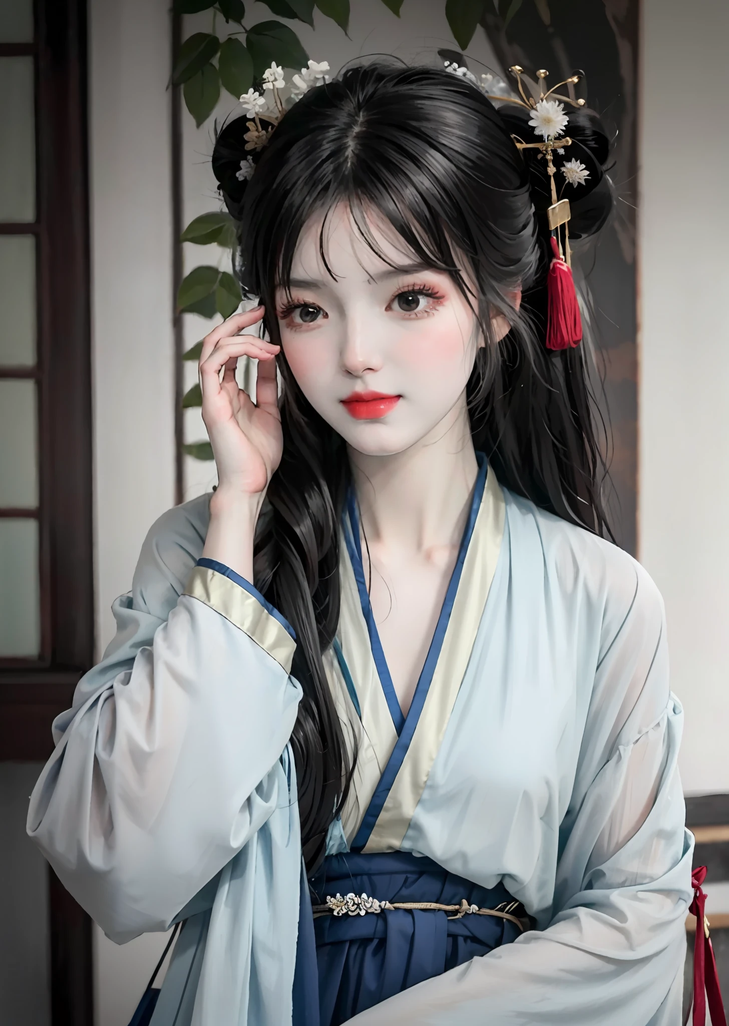 There is a woman posing for a photo in Hanfu, Expose large, Long bangs, Close your eyes, with acient chinese clothes, Japanese clothes, Wearing ancient Chinese clothes, Palace , A girl in Hanfu, Traditional Chinese clothing, pale and coloured kimono, Chinese costume, traditional geisha clothing
