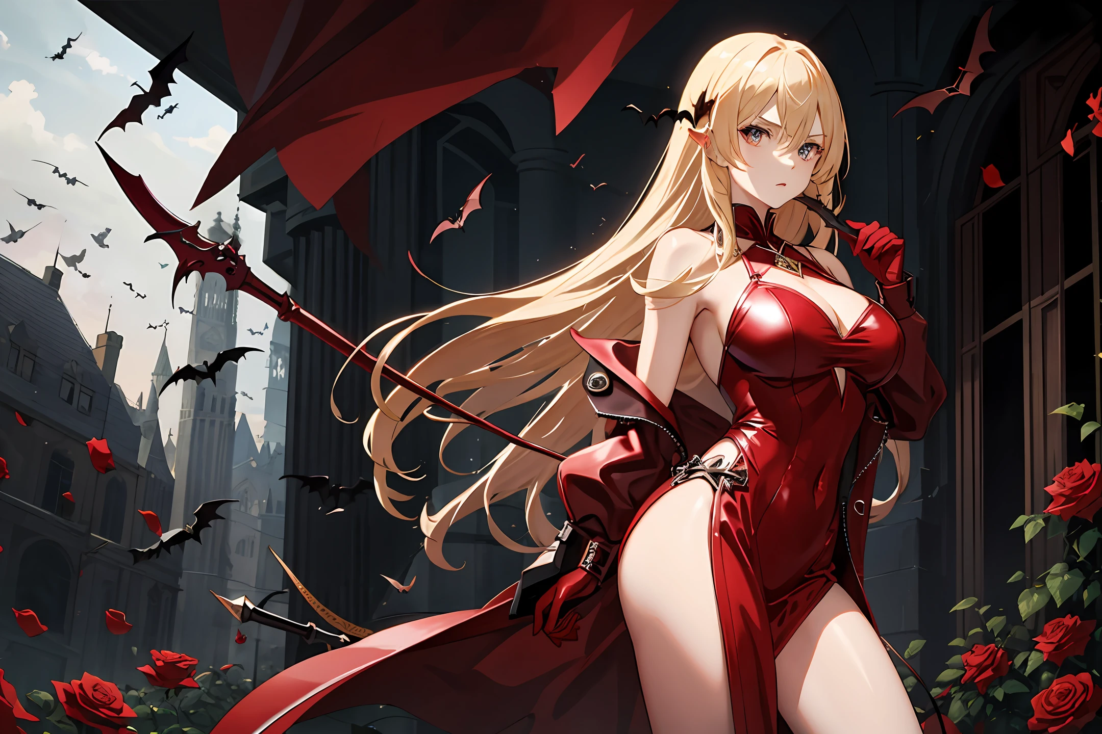 vampire girl, shoulder-length blond hair, big eyes, serious look, stands, A dagger in one hand, In the other hand is a rose, She is dressed in a red leather suit, Behind a swarm of bats