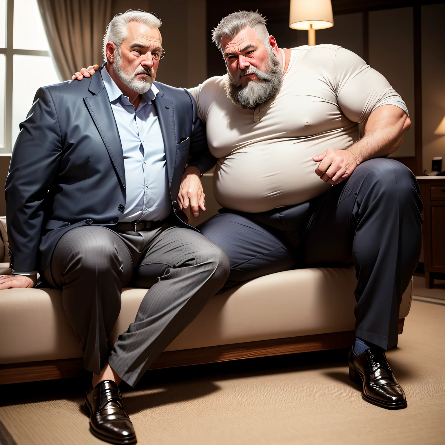 50-year-old fat uncle, slightly white beard, gray hair with sideburns, suit trousers, leather shoes Sitting in the hotel for massage --auto