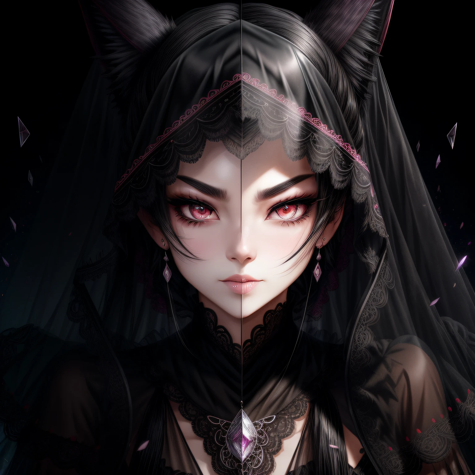 black hair, longeyelashes, ear blush, fang, topknot, mouth veil, mouth veil, cat hair ornament, rolling eyes, tongue out, Surrealism, drop shadow, anaglyph, stereogram, tachi-e, atmospheric perspective, first-person view, modern, 8k, super detail, retina, UHD, retina --auto
