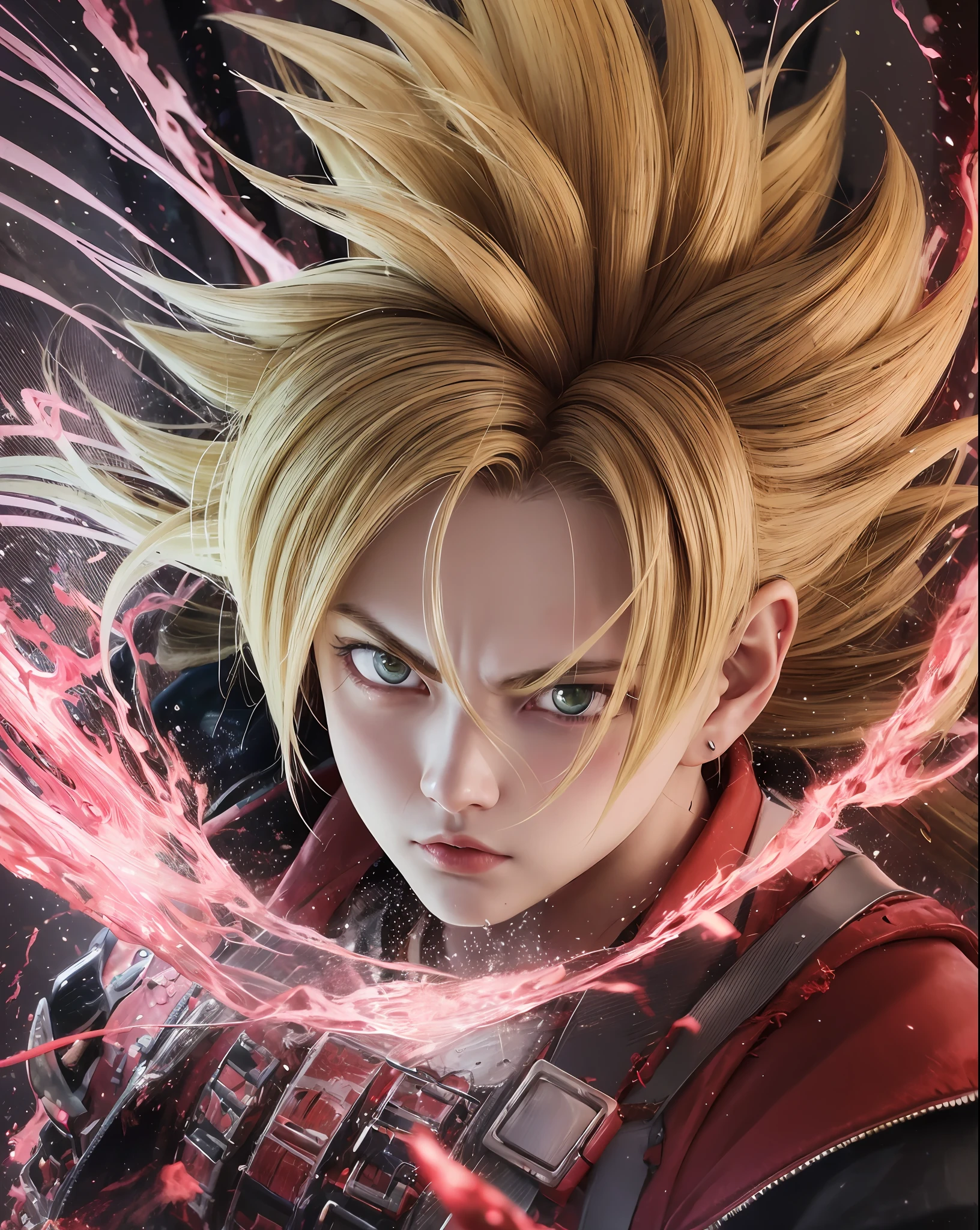 Goku super Sayajin 4, pelagem vermelha, rabo, energia saindo do corpo, cabelo voando com raios de energia, cabelo de fogo, Amazing image, mythological style, cabelo grande de cor branco, corpo musculoso, Cyberpunk style mask, olhos amarelos,
