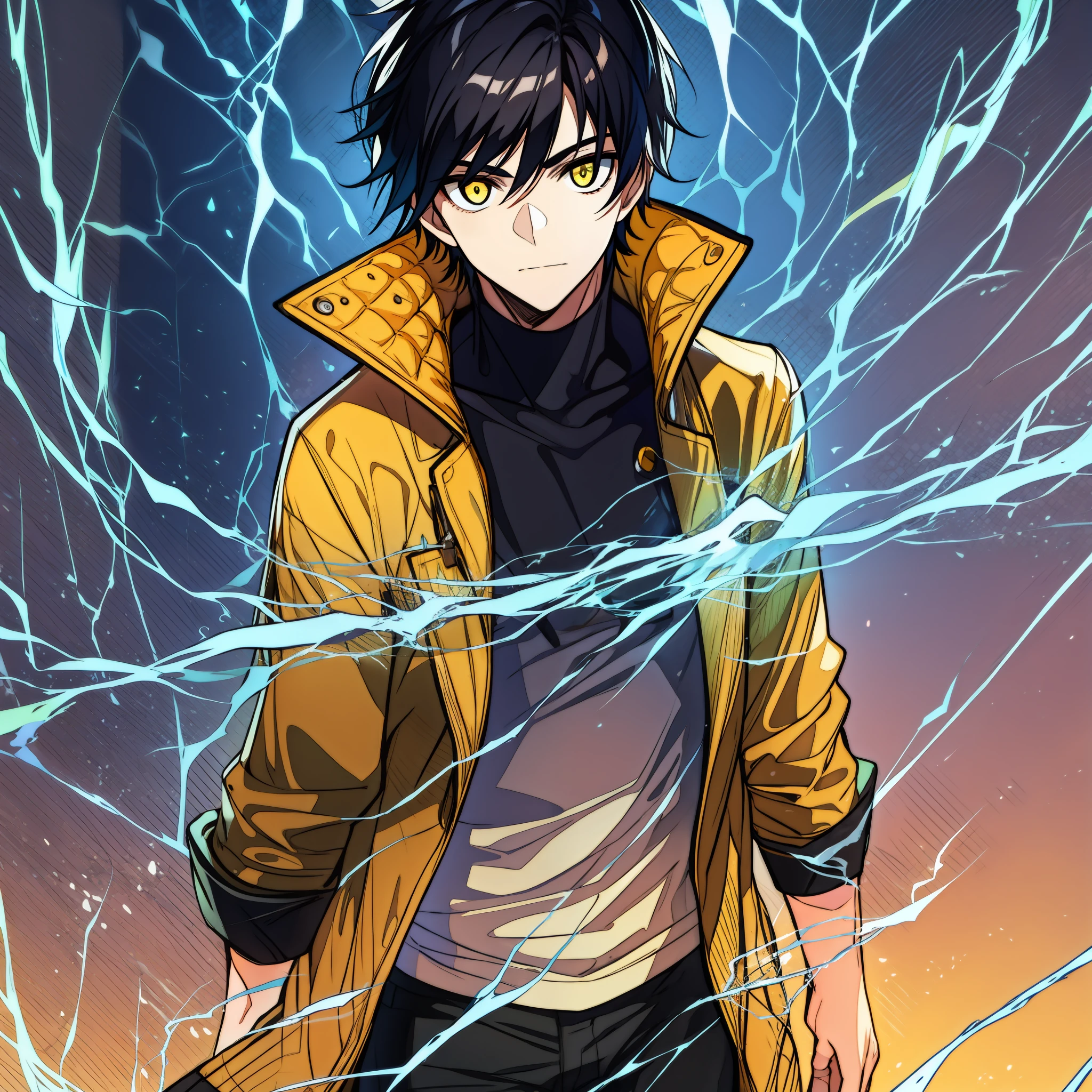 teenage male with black hair and yellow eyes, electricity powers
