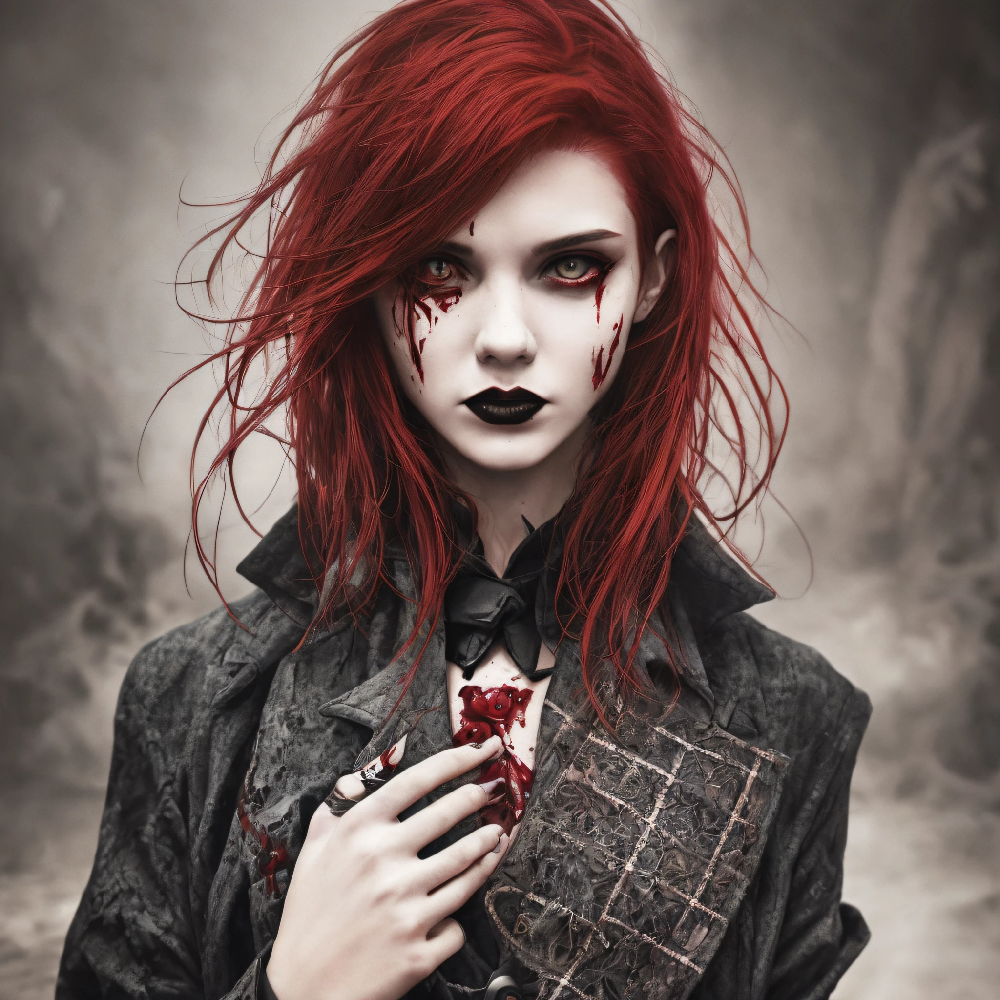 Gothic woman wearing scary overcoat horror film blood on hands, red hair, high detail, Gothic art, Hyperrealism, cinematic lighting --auto
