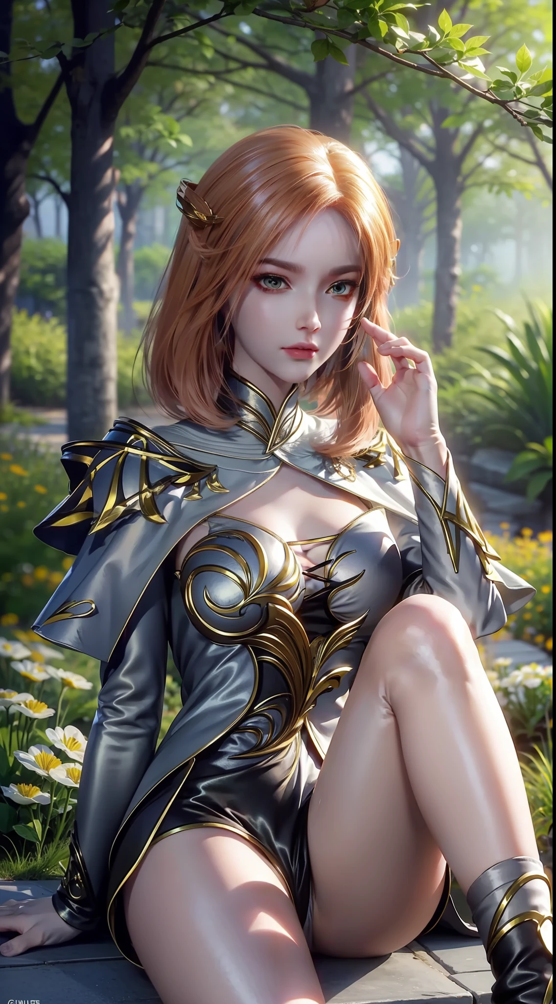 ((high qulity)), ((tmasterpiece)), 8K, Sit on your knees,Long legs,Bigchest,Twilight garden in the background,Elaborate Eyes,Long white socks,adorable expression,high qulity