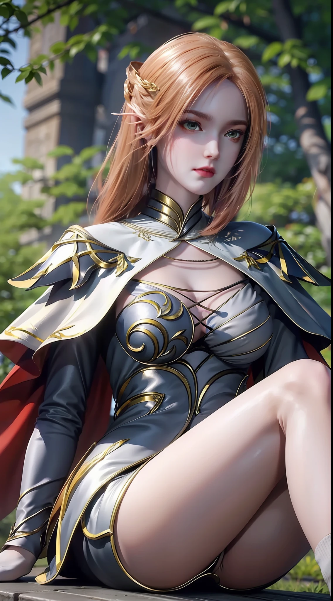 ((high qulity)), ((tmasterpiece)), 8K, Sit on your knees,Long legs,Bigchest,Twilight garden in the background,Elaborate Eyes,Long white socks,adorable expression,high qulity