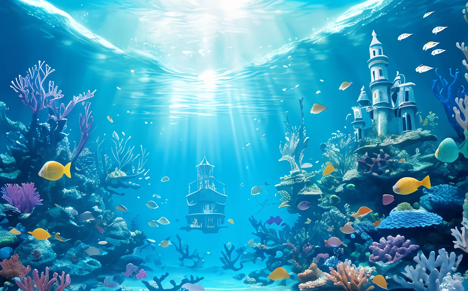 underwater world, trench, fish, coral reef, sunlight
