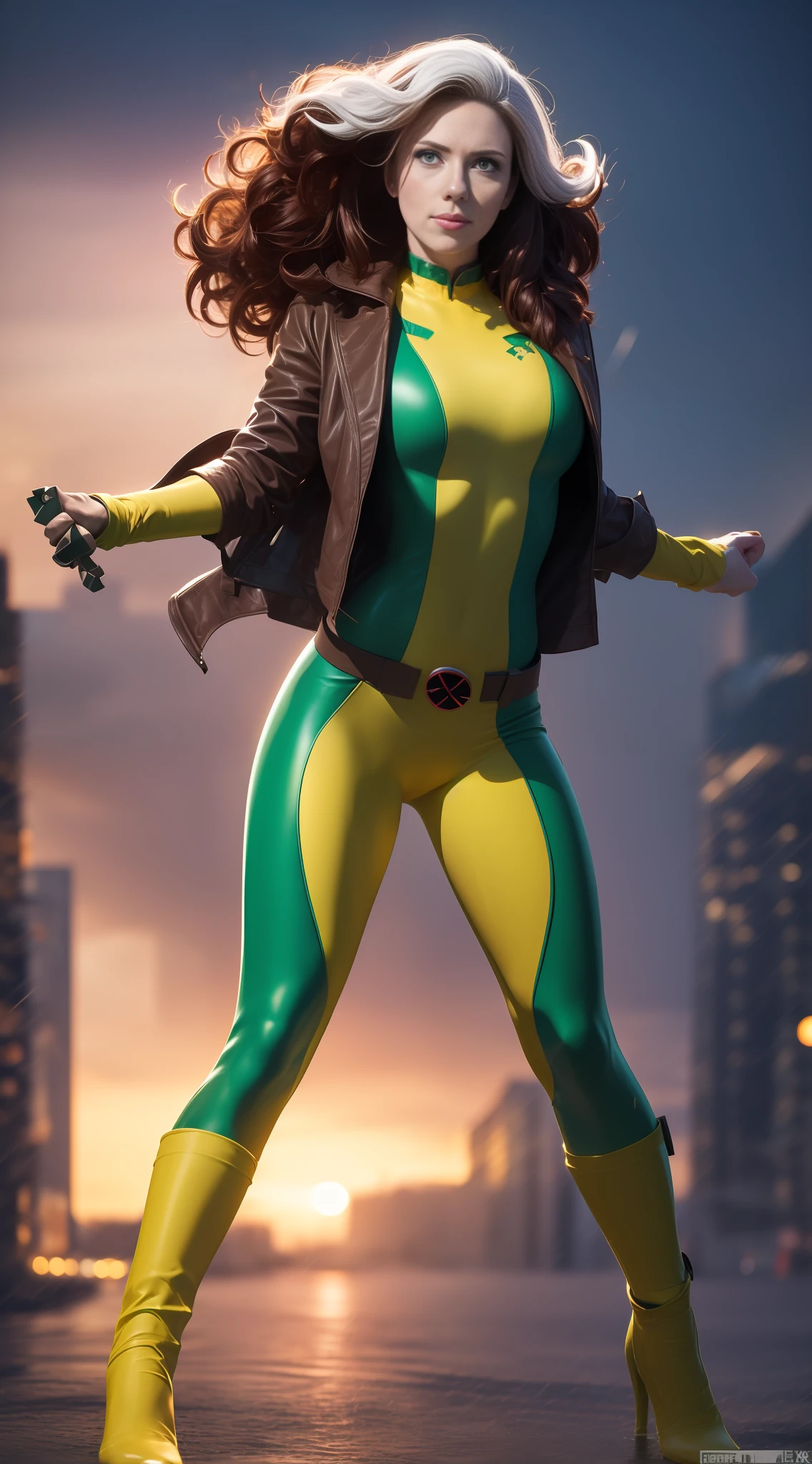 Scarlett Johansson, white locks in hair, beauty, Rogue cosplay (X-Men), ((Rogue X-men), Rogue X-men, white lock in hair, brown hair, green and yellow clothing, Yellow color in the middle of clothing vertically, brown jacket, green band on forehead, a belt with an X in the middle, flying, An X of X-men on the chest, wind effect, full body photo, prominent figure, night, photo (Masterpiece) (Best quality) (Detail) (8K) (HD) (Wallpaper) (cinematic lightining) (Crisp focus) (Intricate), sexy, rain, wet, rays, best quality, Ultra high resolution, photorealistic, full body portrait, incredibly beautiful, dynamic poses, detailed skin texture, highly detailed skin, detailed face, beautiful legs, big chests, powerful