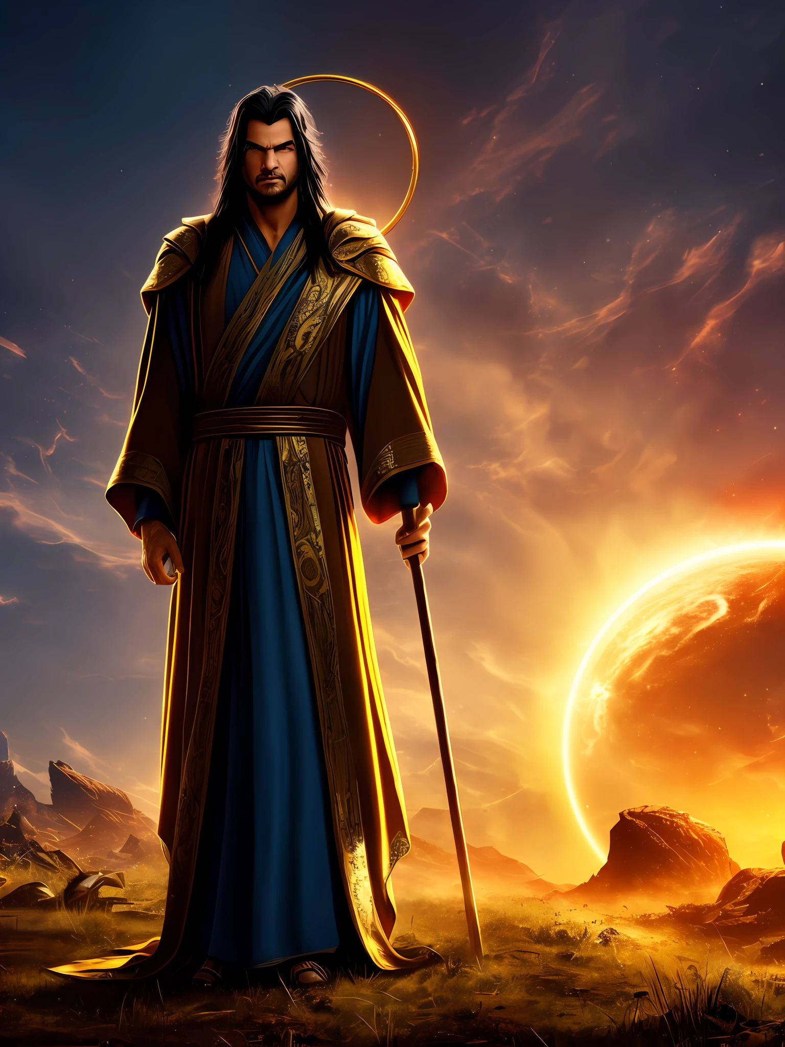 Man with long black hair, in golden clothes and a black robe, stands against the backdrop of a ruined planet, holding a staff in his hand, Overhead is a halo of glow, The eyes are bright blue, Eyes glow, 4K wallpaper, max detail, Better image, 4K wallpaper
