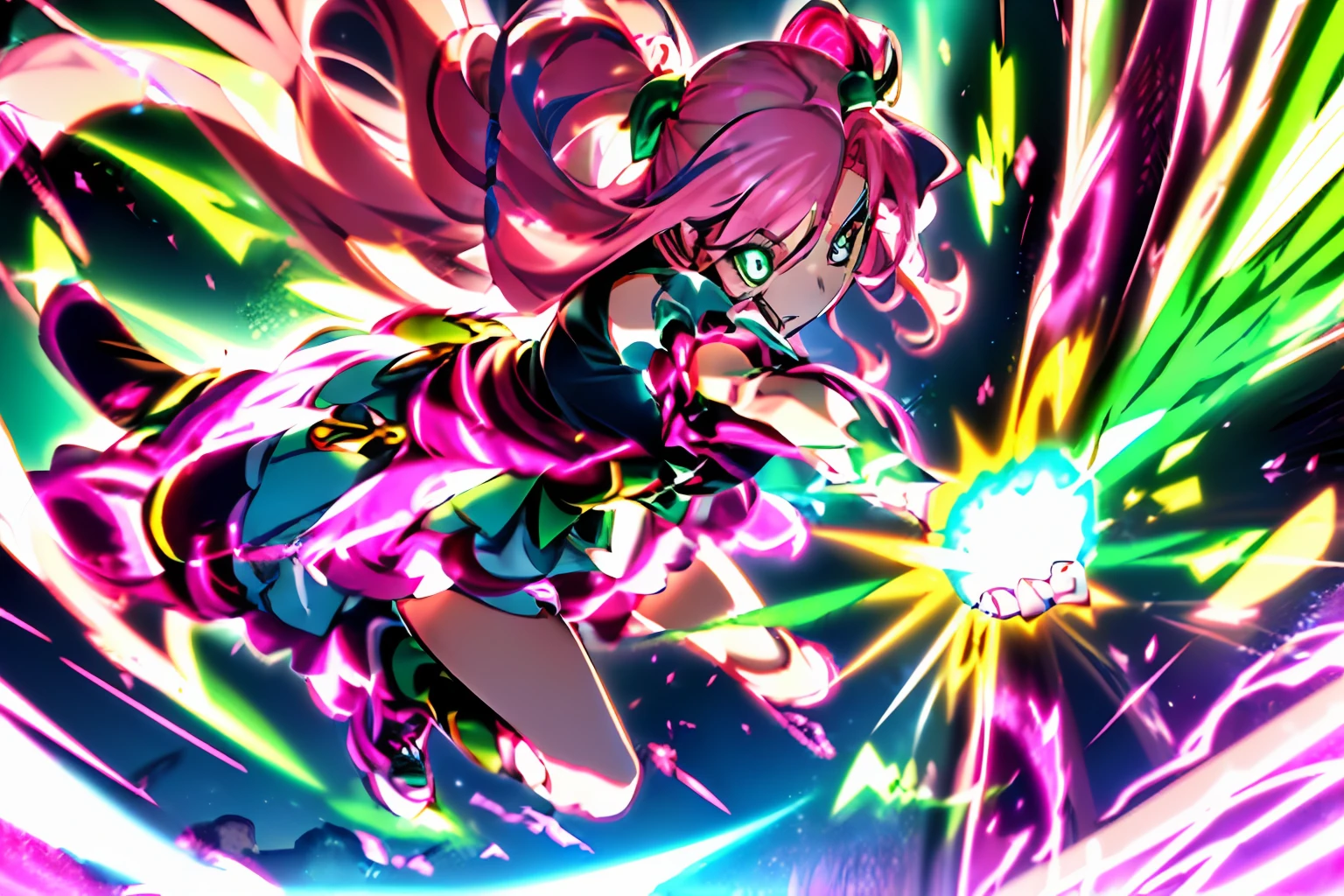 (Vigorous attack action:1.5).wideshot,seen from the side.fullbody ,
in precure style,(((Masterpiece))) (1 girl)((Pink hair, Long hair,Straight hair,two side up)) (Green eyes),eyeshadows, eyelines,Glow Eyes, Hyper-Detailed Eyes, intricate eyes, Beautiful eyes, ((Glowing pink pupils))18 years old girls