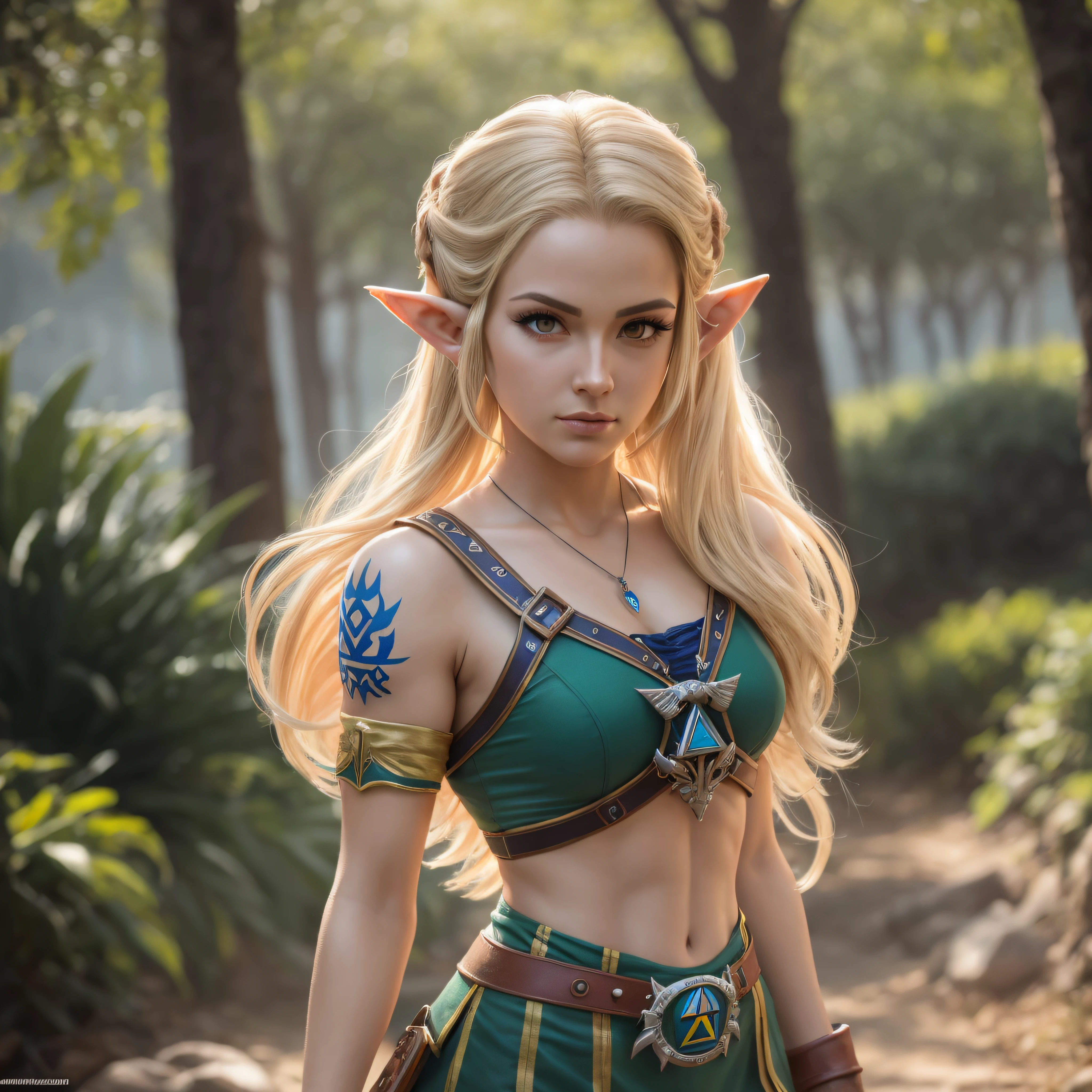 Mulher de cabelos loiros em roupa azul e bege segurando em poses de combate como em street fighter, Zelda, Retrato de Zelda, de lenda de Zelda, Link da lenda de Zelda, link do Zelda, Fotos cosplay, Cosplay ornamentado, Cosplay profissional, Cosplay, Cosplay Completo, Artgerm Moody Fotografia, Princesa Zelda, Zelda como Triforce, Hyrule, Anime Garota Cosplay, ray-traced, 3D-rendering, extremanente detalhado, alta qualidade, Luz e sombra realistas, cabelos pretos, eye reflection, Sorriso leve, ray tracing, ray tracing, High detail, realismo, hiper-realismo, profundidade de campo, Cinematic lighting, motion blur, brilho, luz brilhante, raios de deus, ray tracing, reflection light, Afterimage, Multiple views, Reflexo da lente, Bokeh, 4k, UHD, master part, anatomicamente correto, pele texturizada, Super Detalhe, alta qualidade, melhor qualidade, 8k