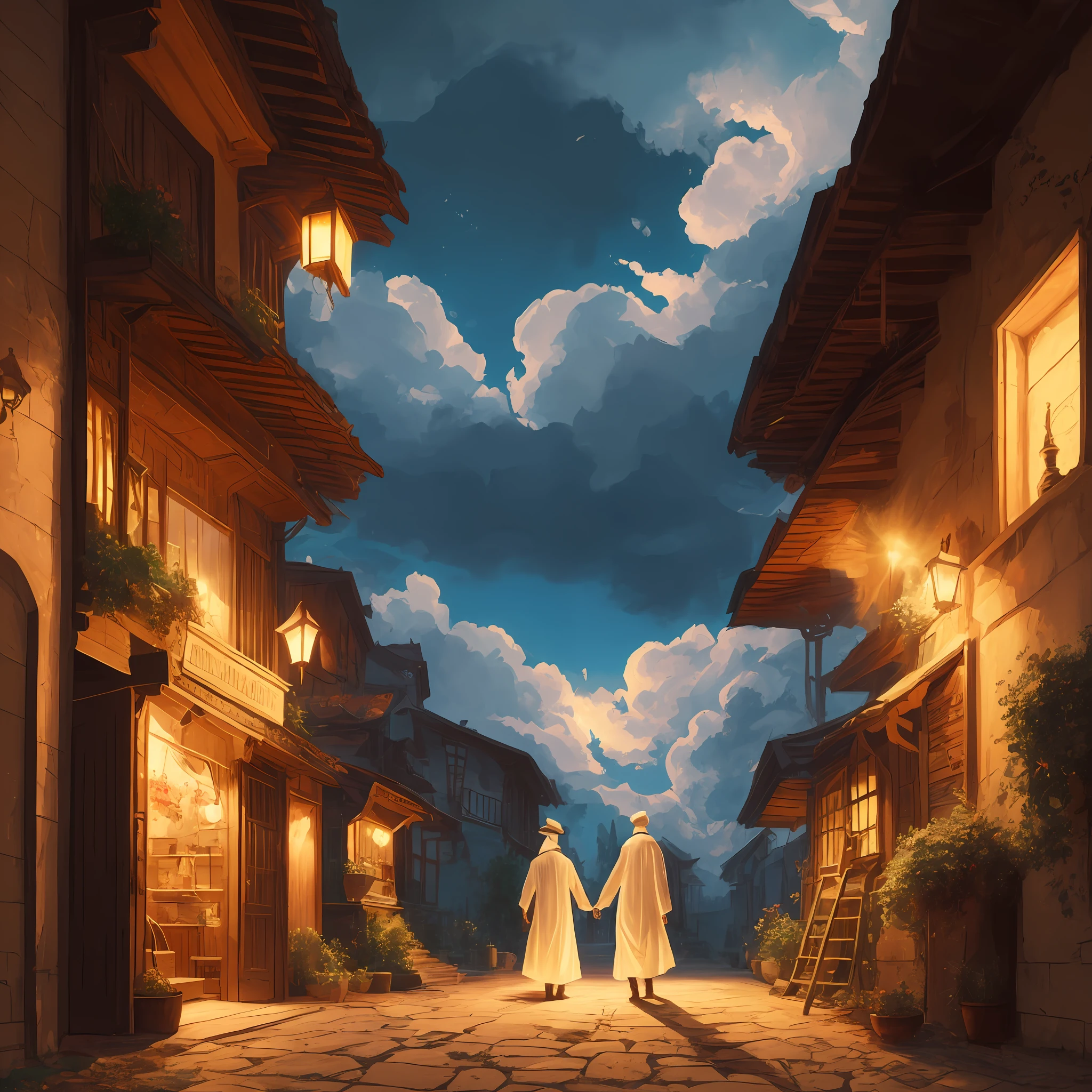 There was an adult man in a white costume, Auspicious clouds，Walking alone on the golden ladder with a white spear in hand，oriental architecture ray tracing，{best qualtiy}，{tmasterpiece}Extremely detailed 8K wallpaper，coloured with lots of colour,1080p，，Smooth light silver hair，Messy beauty，3D stereoscopic，tmasterpiece，The best quality，The illustrations are super detailed，Very delicate light，Fine luminescence，Very fine 8K ，8k wallpaper，best qualtiy，White period costume，（Illusion，glitters，Ultrathin，softness，）Hanfu --auto