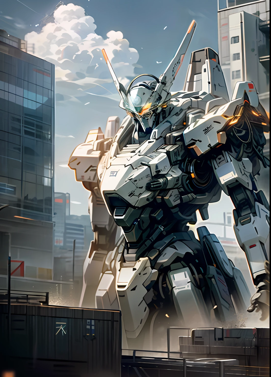 sky, cloud, holding_weapon, no_humans, glowing, , robot, building, glowing_eyes, mecha, science_fiction, city, realistic,mecha