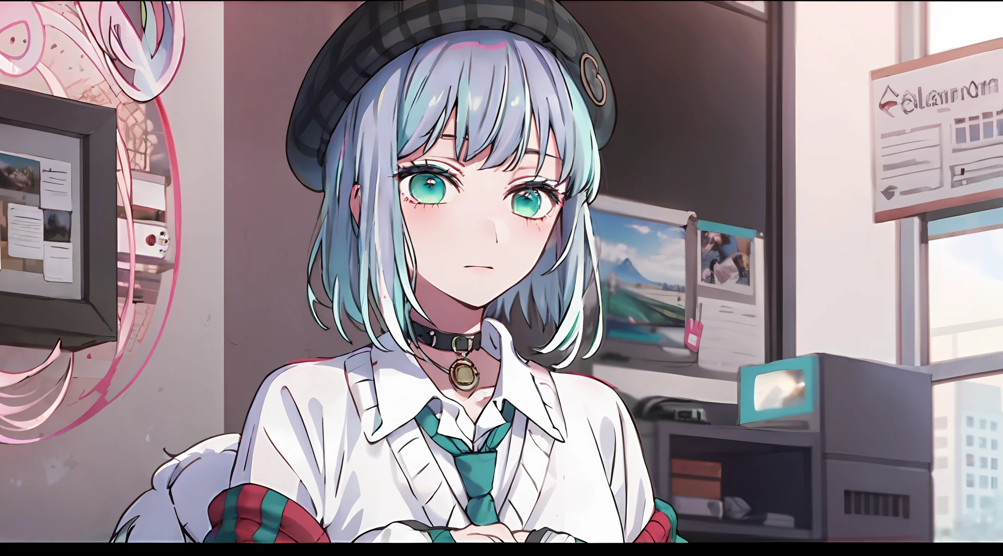 best quality, masterpiece, 1girl, solo,  red gradient streaked hair, short hair, white hair, lily (wacca), black beret, plaid skirt, choker, cyan sweater jacket, collared shirt, black plaid necktie, sleeves past fingers, blunt bangs